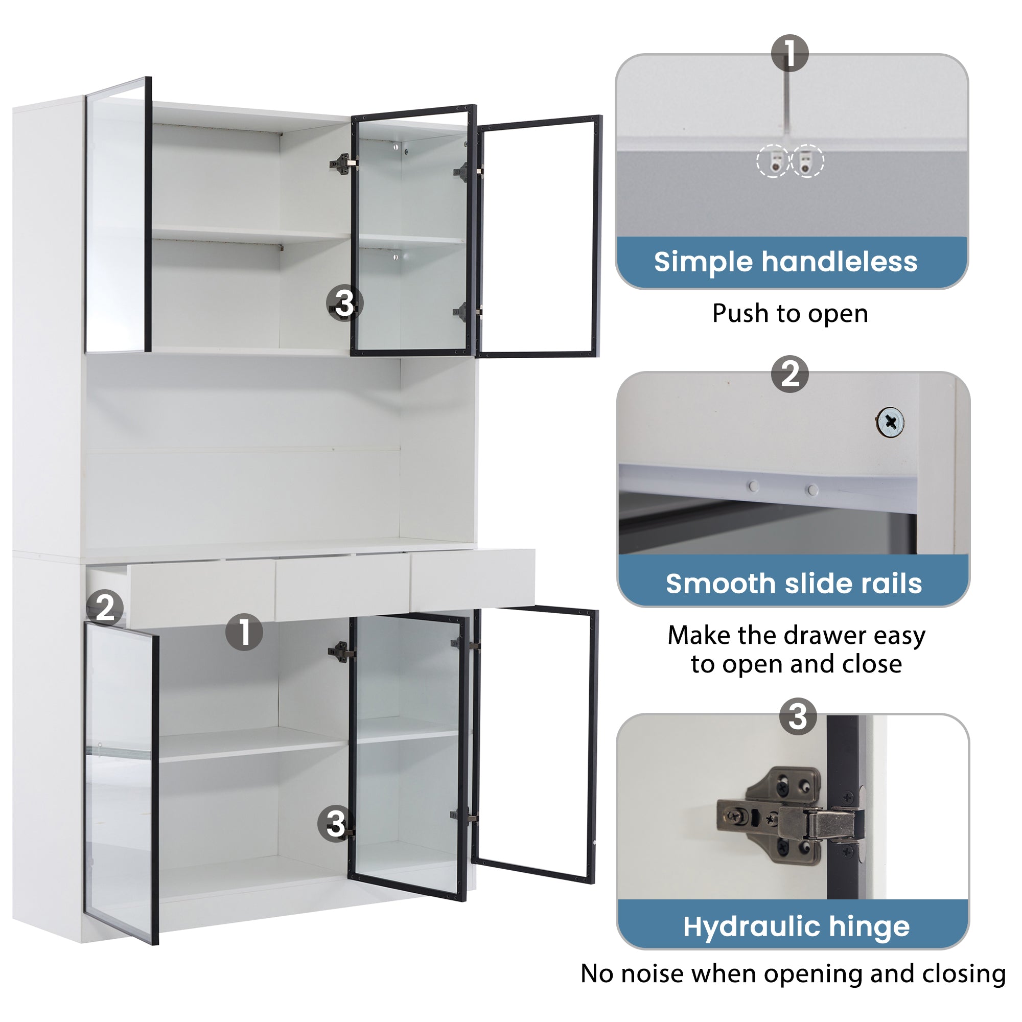 White Display Cabinet with LED Lights and Glass Doors, 200cm High, White and Black Frame
