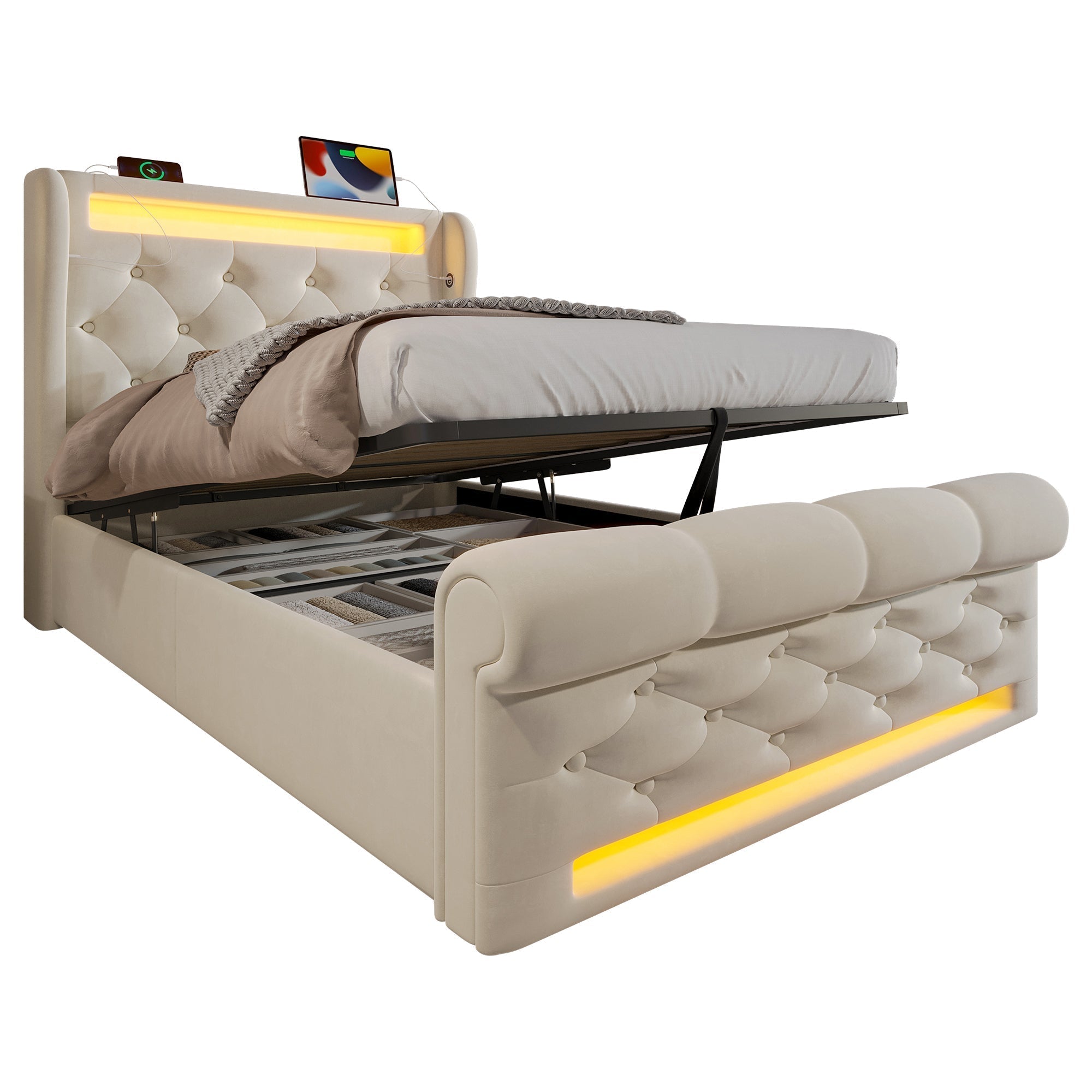 Upholstered Single Bed 90x200cm LED Headboard USB Type-C Hydraulic Storage, Beige Velvet