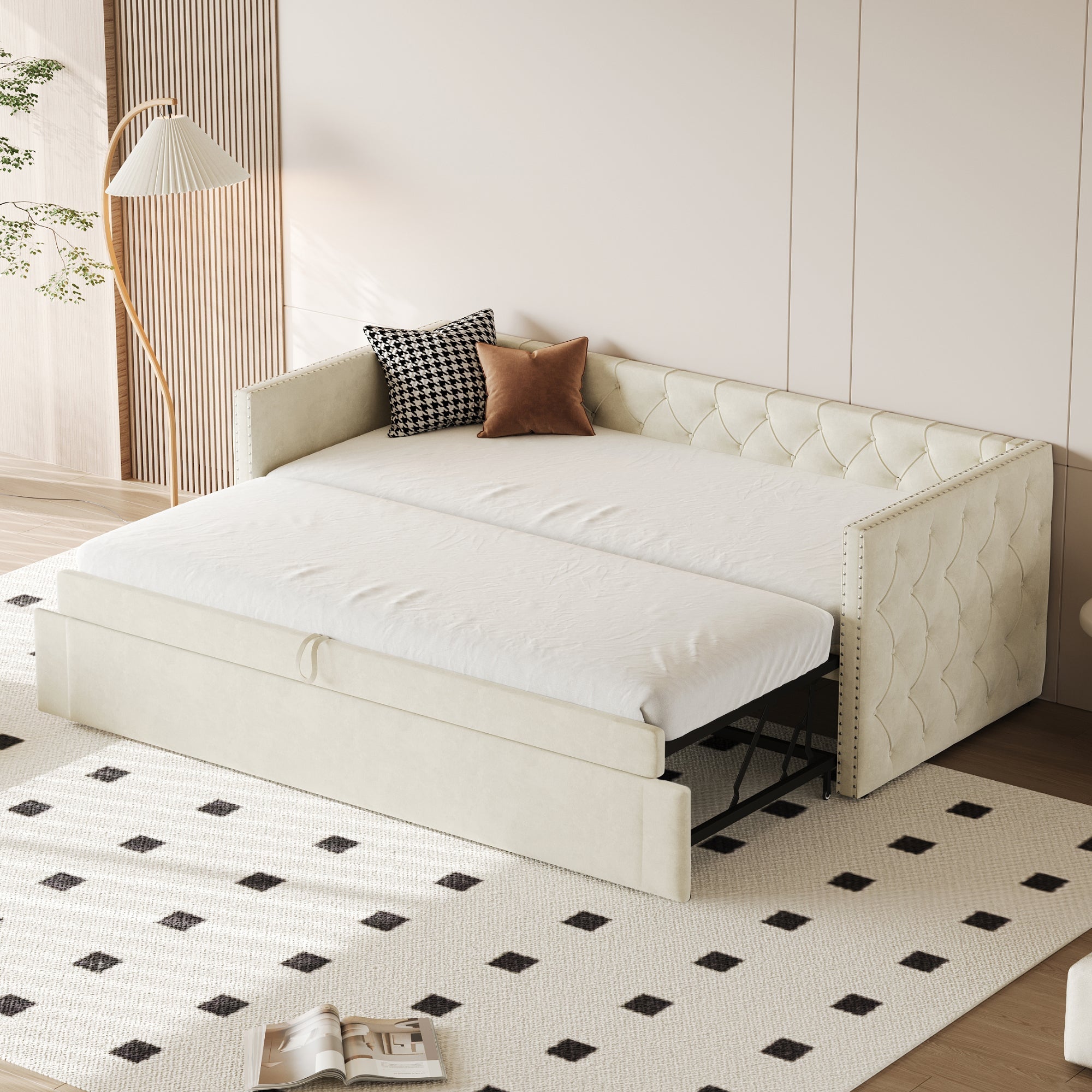 Upholstered Sofa Bed 90x200cm Extendable Guest Bed - Velvet Beige