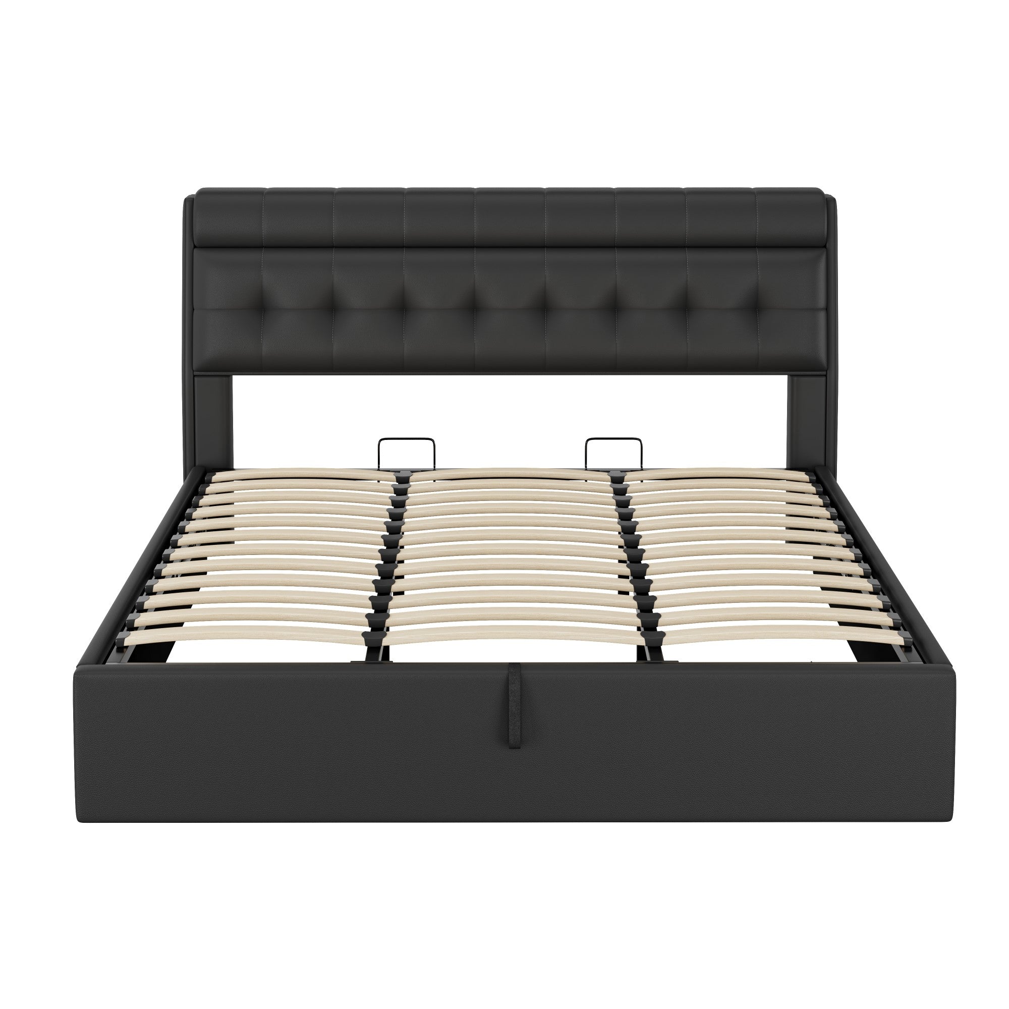 Upholstered Bed with Hydraulic Storage and Concealed Headboard Shelf, 180x200cm, Black PU