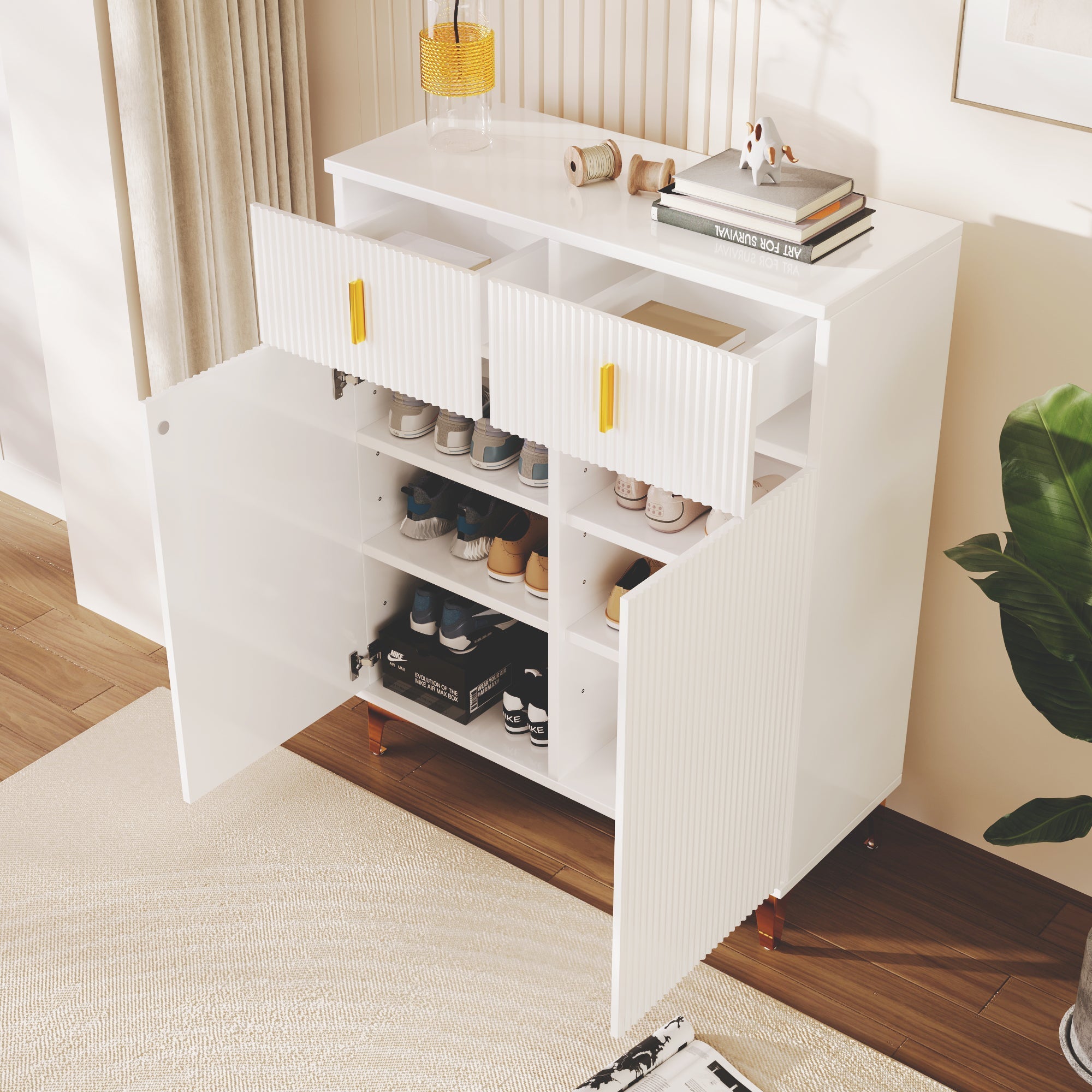Sideboard/Shoe Cabinet with Structural Panels, Adjustable Shelves, Gold-Plated Decorations, and Drawers