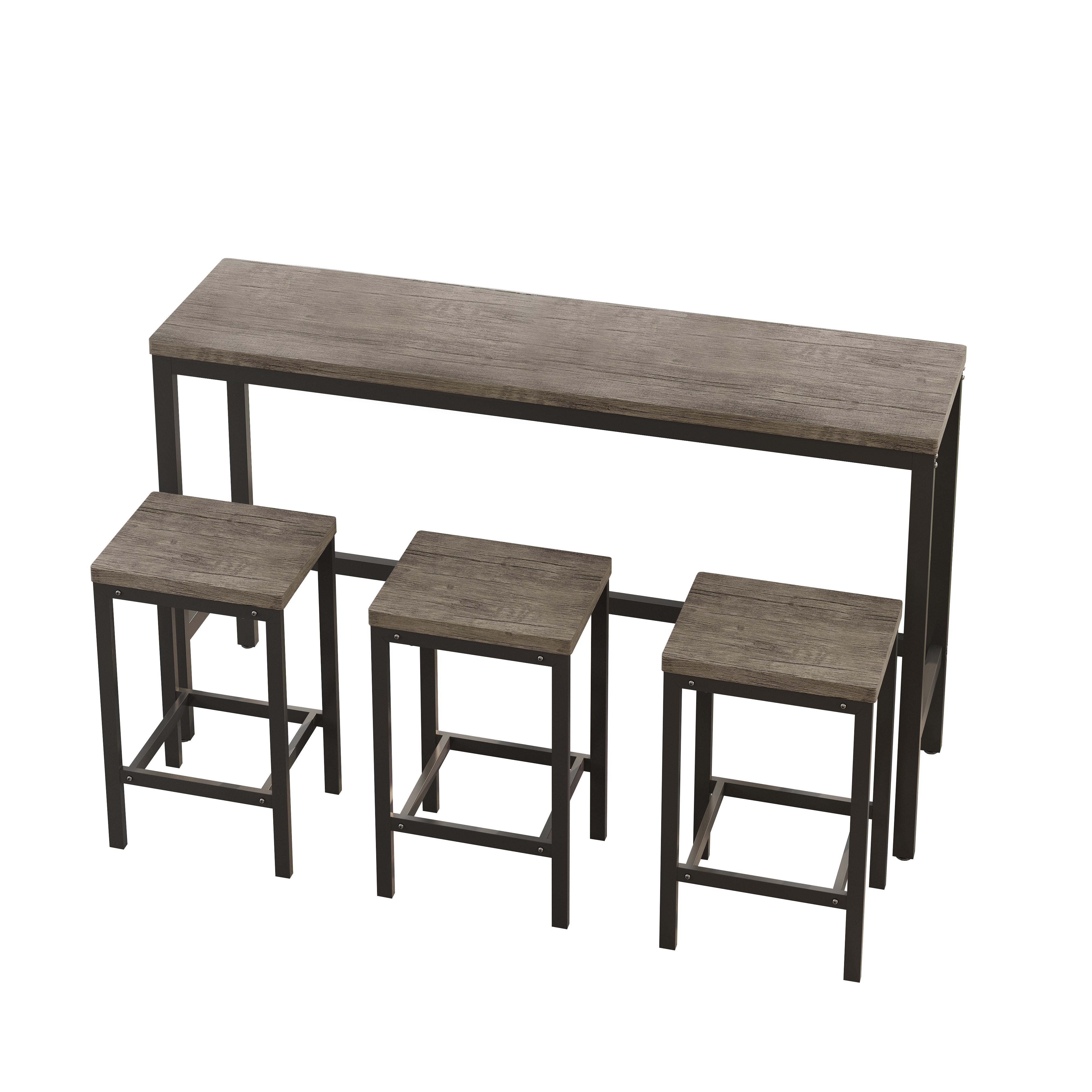 148CM Dining Table Set with 3 Stools, Modern Design, Brown Gray