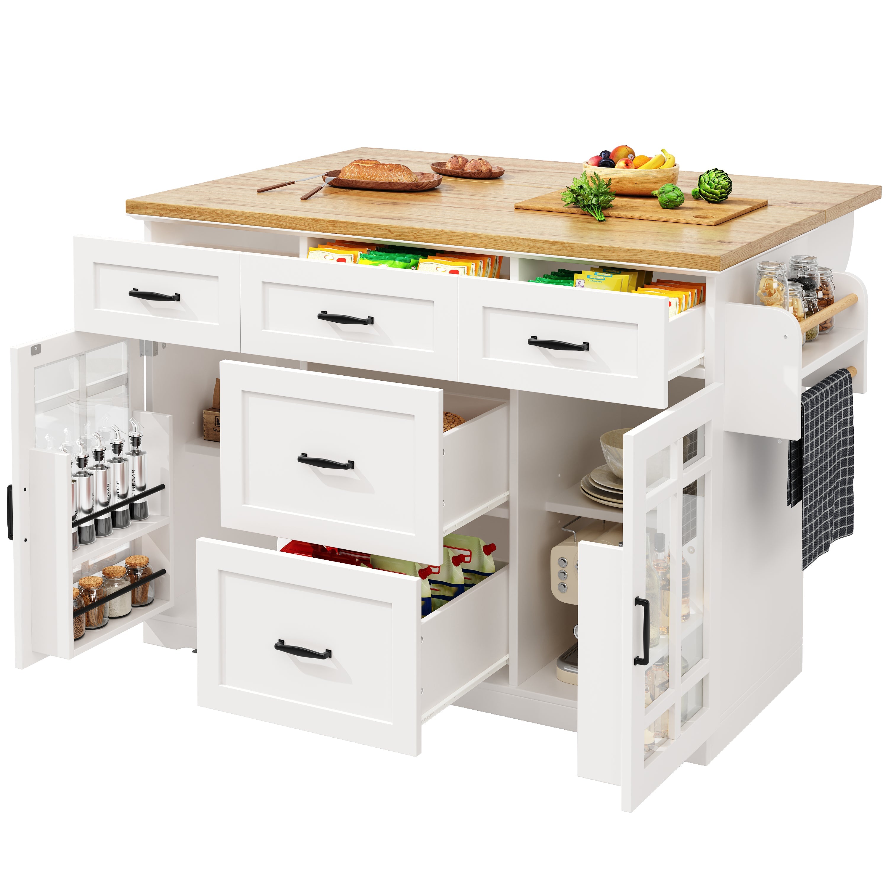 Kitchen Island, Mobile Serving Trolley with 2 Doors, 5 Drawers & Adjustable Shelves, White