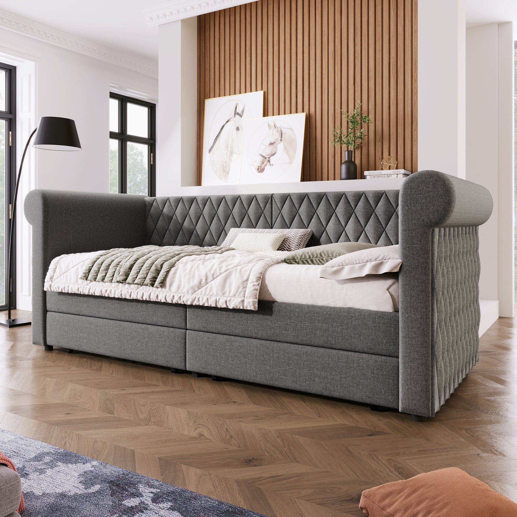 Vintage Headboard Upholstered Bed, 90x200 cm Daybed with 2 Storage Drawers, Linen Gray