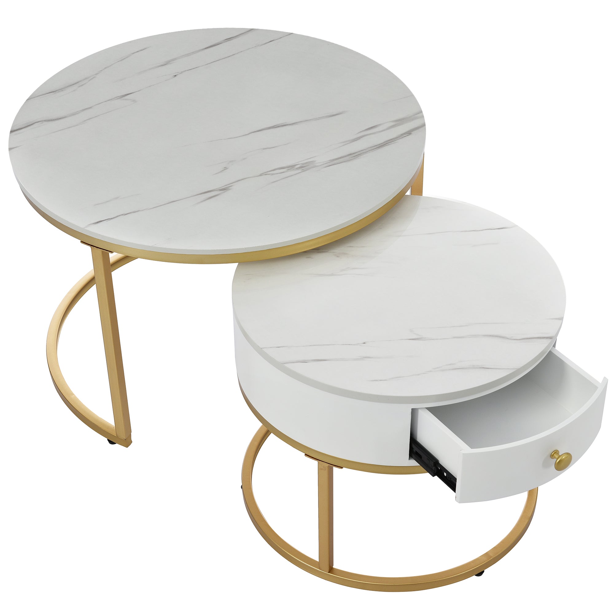Modern Nesting Coffee Table, 2-Piece Set Round Nested Side Table, High Gloss White Marble Pattern