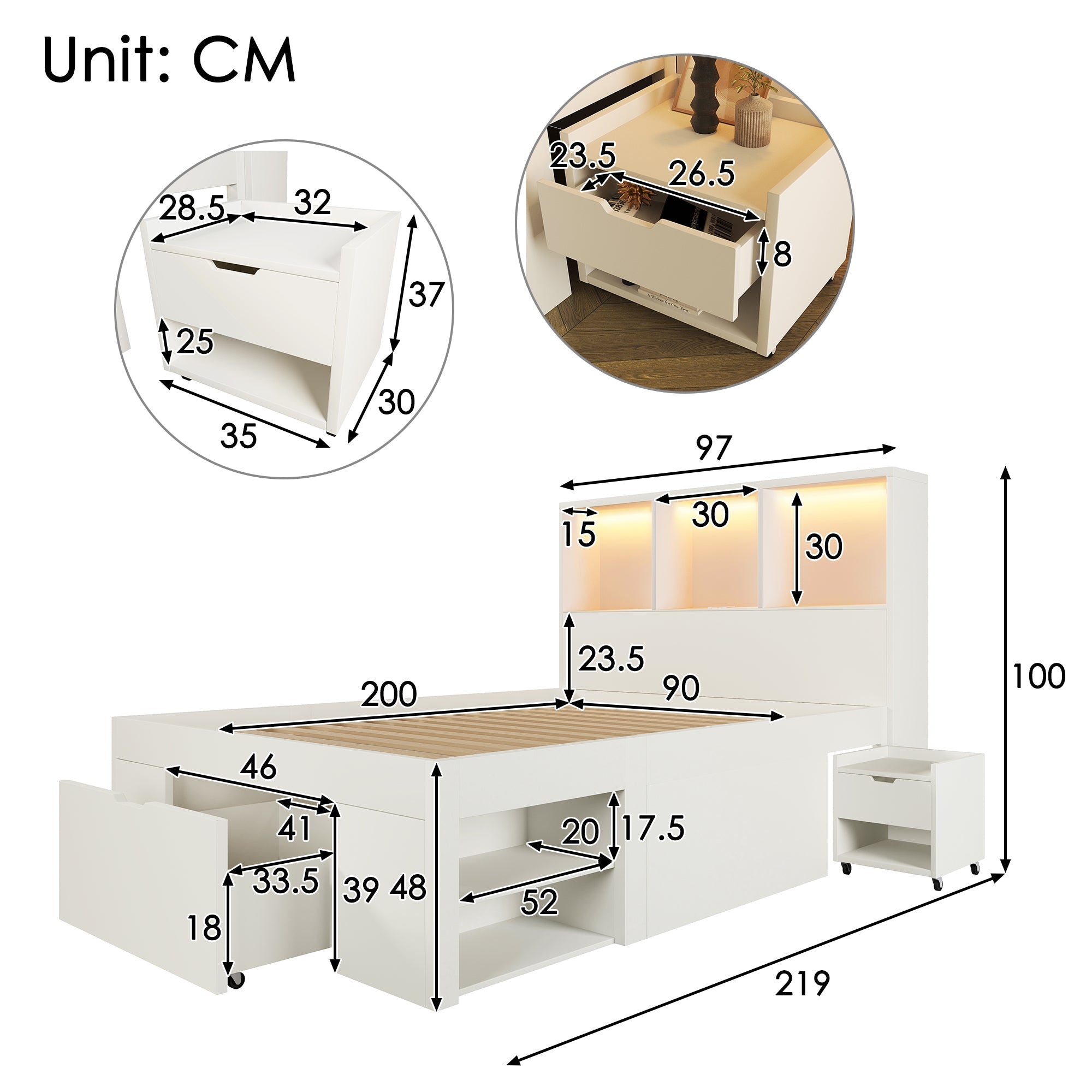 Functional Bed with LED, USB-C Charging, Storage and Movable Bedside Table, 90x200cm, White Wood
