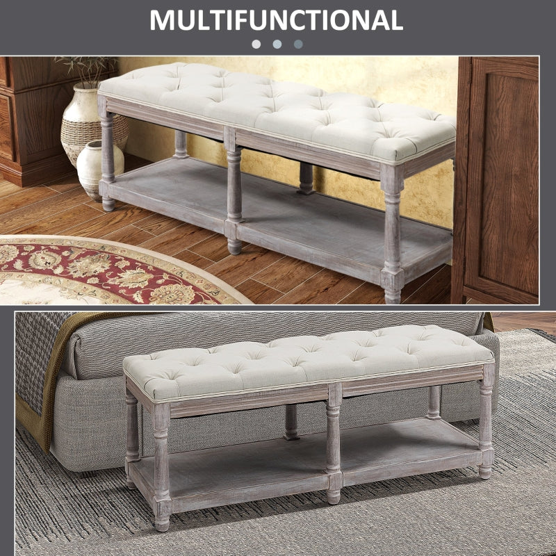 2-Tier Bed End Bench Stool, Vintage Upholstered Storage Shelf, Cream White