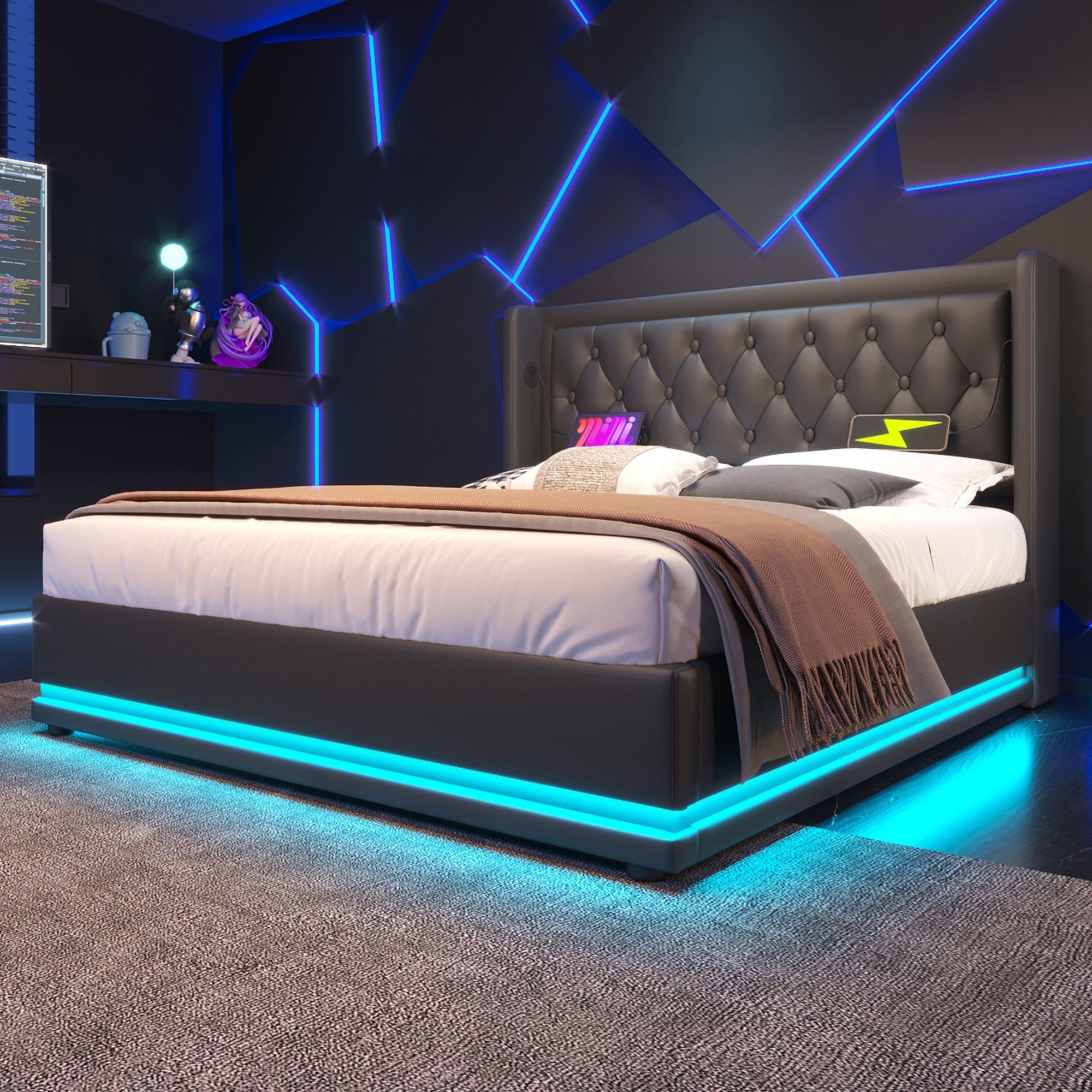 Upholstered Double Bed 160x200cm, Hydraulic Storage & USB Charging, Black PU Leather