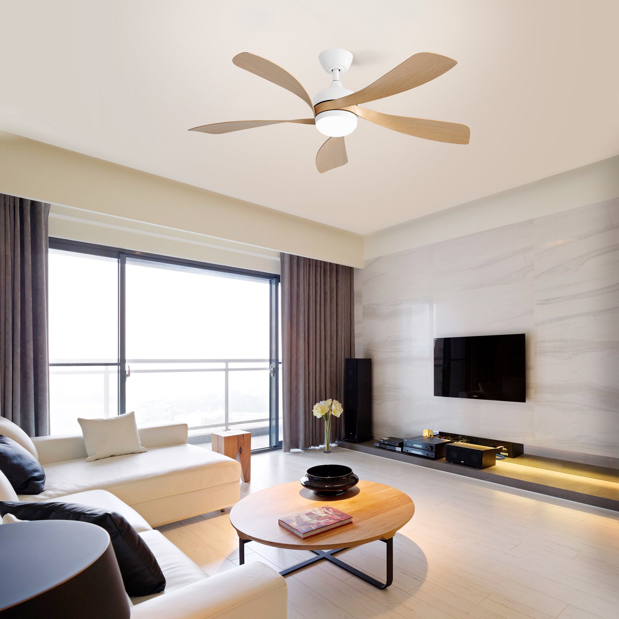 52-inch Modern Ceiling Fan, 3-Color Dimmable LED, Remote, Reversible DC Motor, White