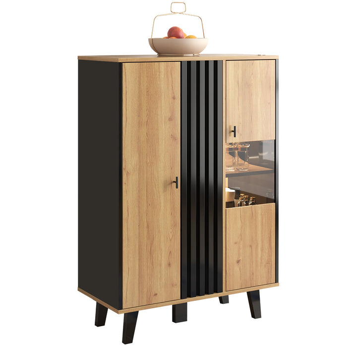 Display Cabinet Sideboard with Glass and LED Lighting, Black and Wood Tones
