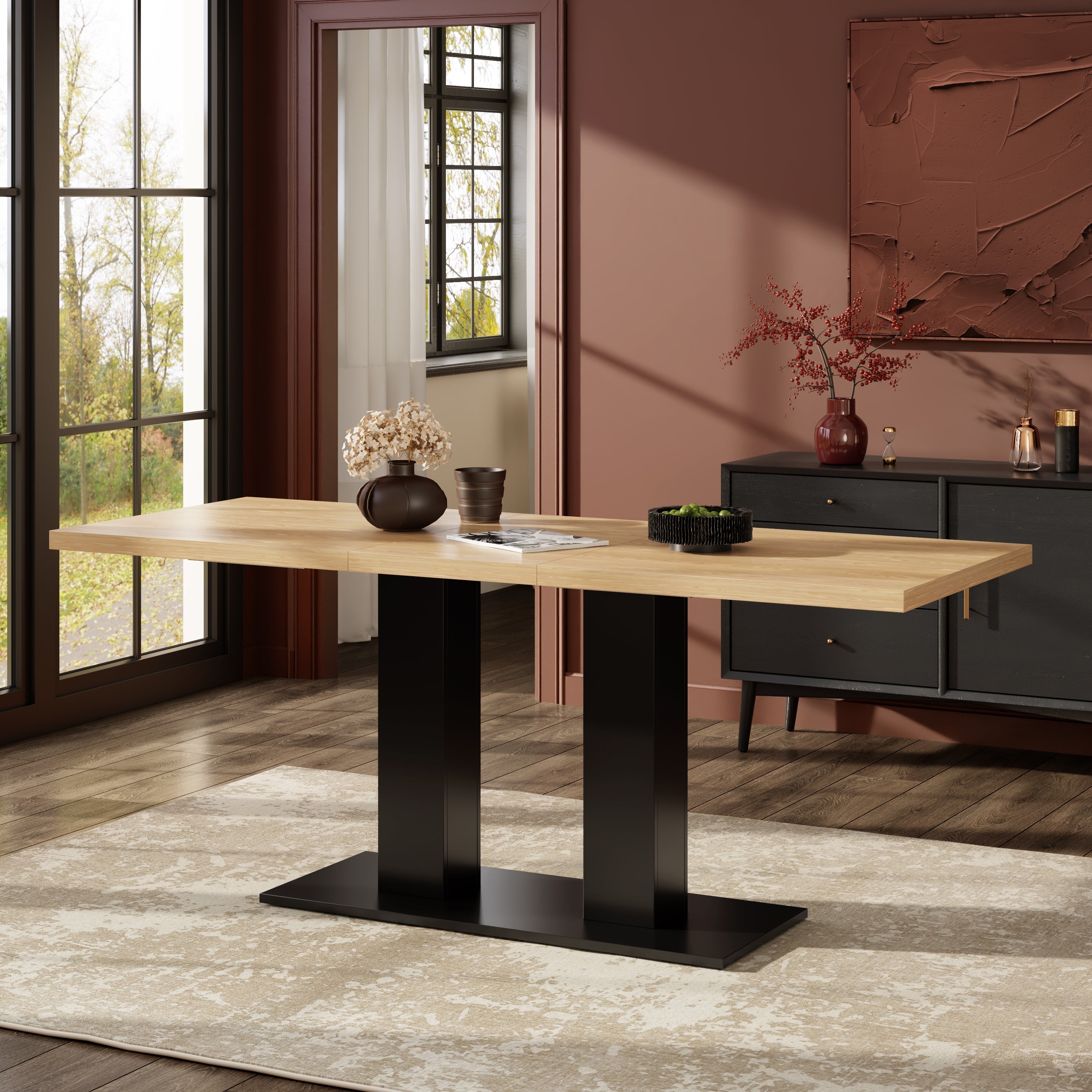 Extendable Dining Table, 140/180x70cm for 6-8 People, Natural Wood Color