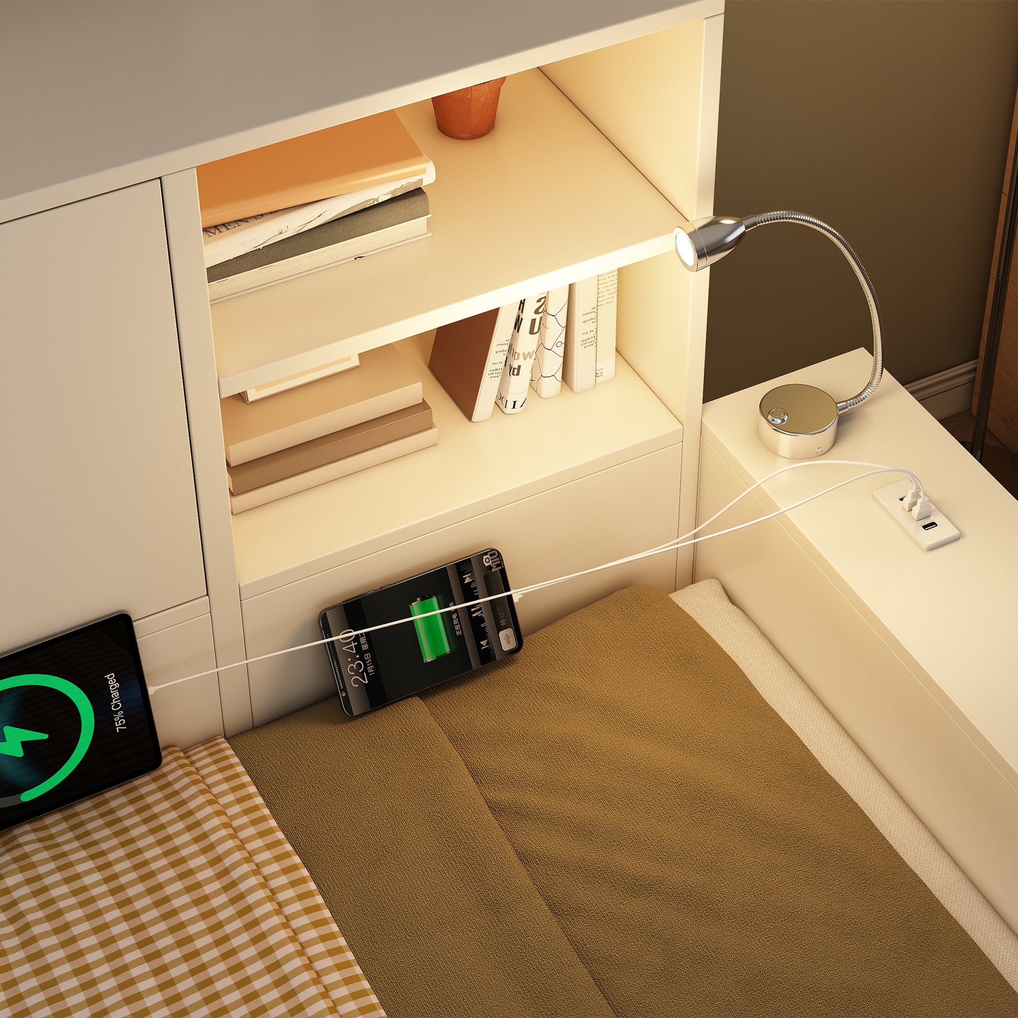 Storage Bed with Pull-out Bed, Double Doors and USB Ports, 90x200cm, White Wood