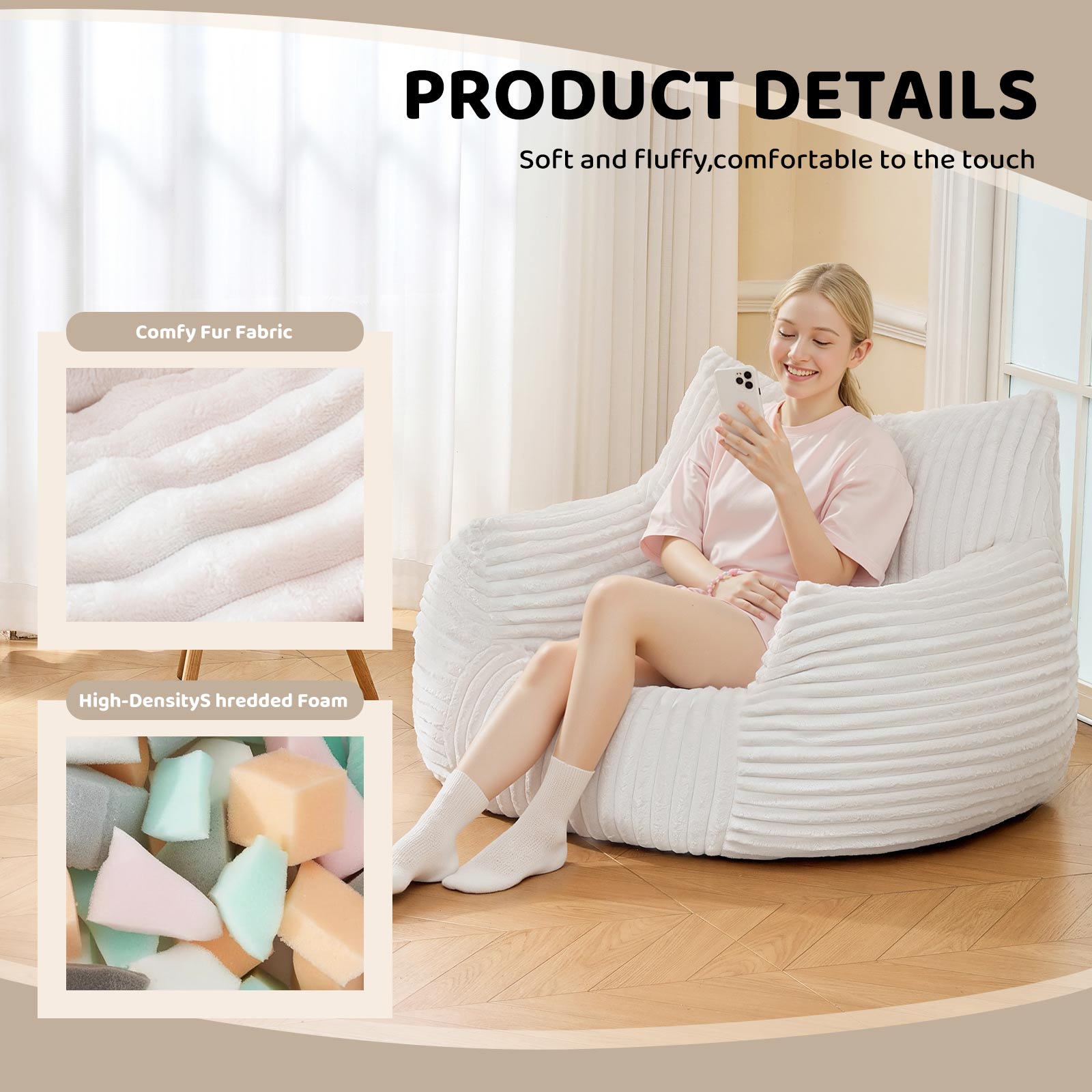 Ultra-Soft Fur Bean Bag Chair, High-Density Foam for Maximum Comfort, White