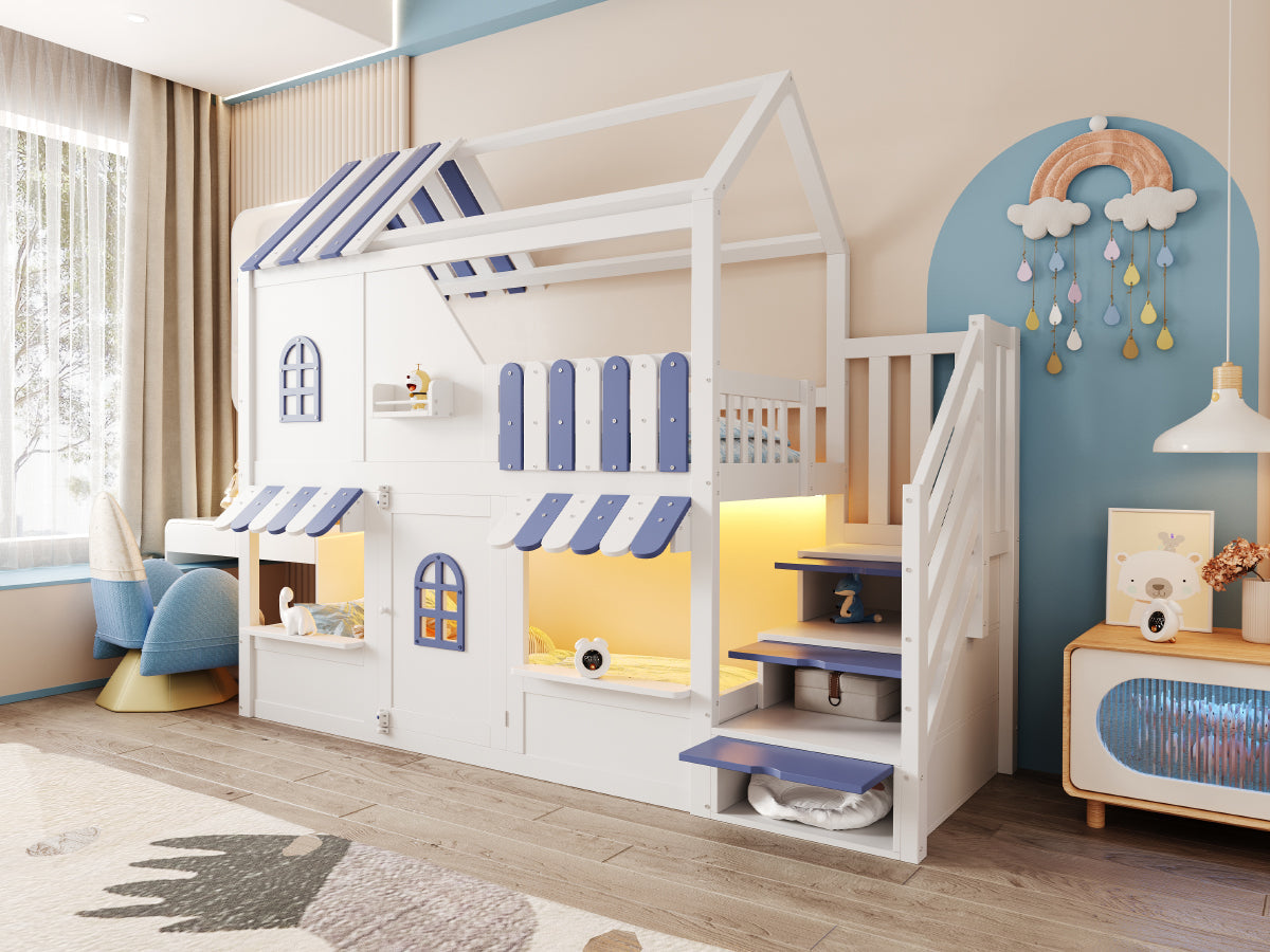 Children's Bunk Bed with House-Shaped Design, Storage Ladder, LED and Shelves, 90x200cm, White + Blue