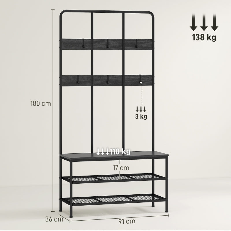 3-in-1 coat rack, coat hook, bench, shoe rack, metal, chipboard, black