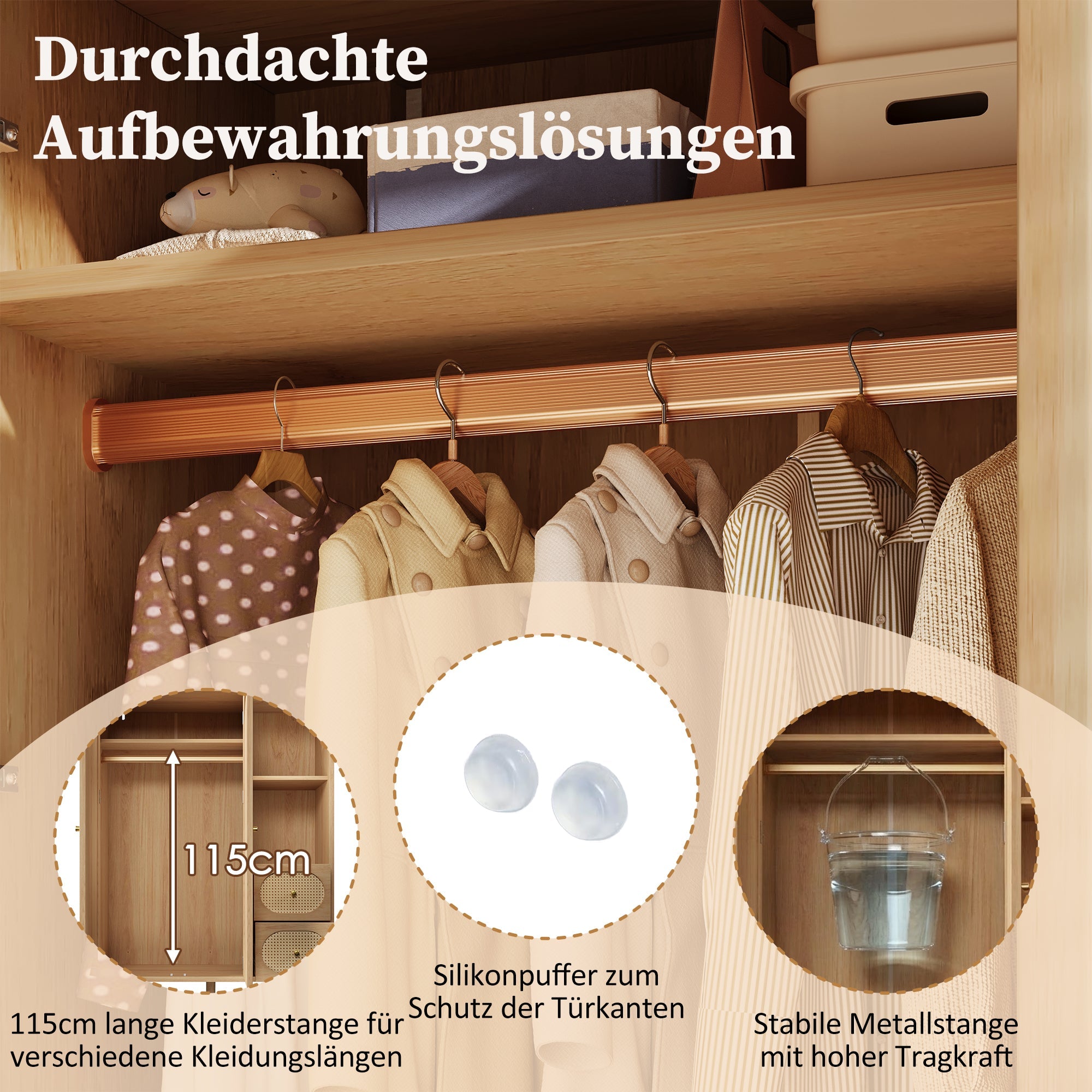 Country-Style Wardrobe with 2 Doors, 2 Drawers and Open Shelves, 161x120x44cm, Oak Wood