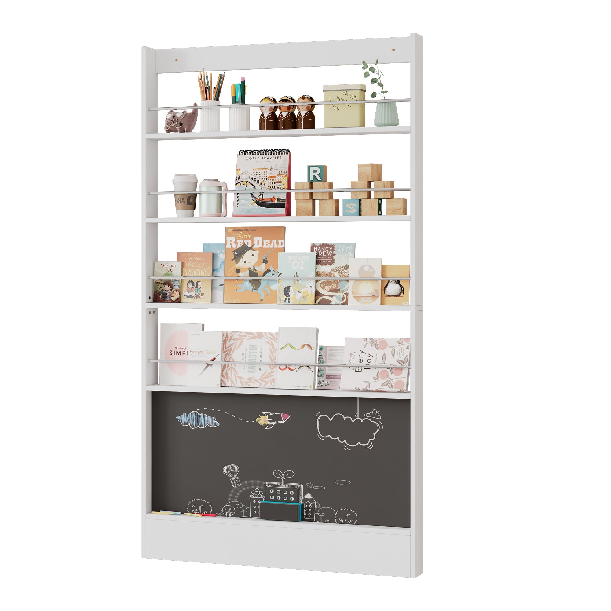 Children's Book Shelf 4-Tier Storage Display Paintable Blackboard Anti-Tip White