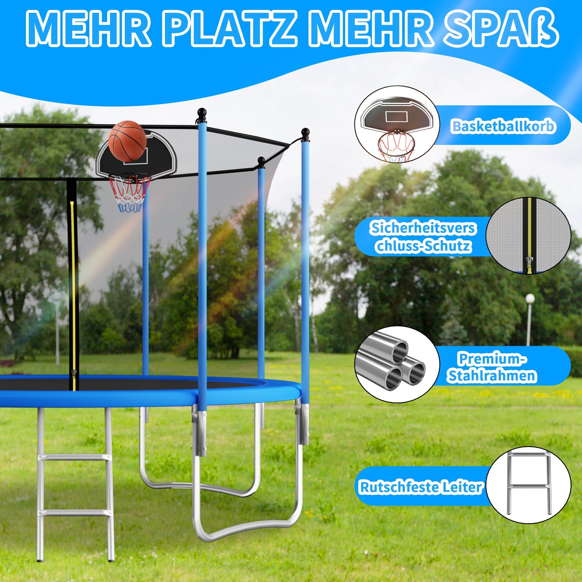 Outdoor Trampoline 305 cm with Reinforced Leg Crossbars and One-Piece Construction, Metal