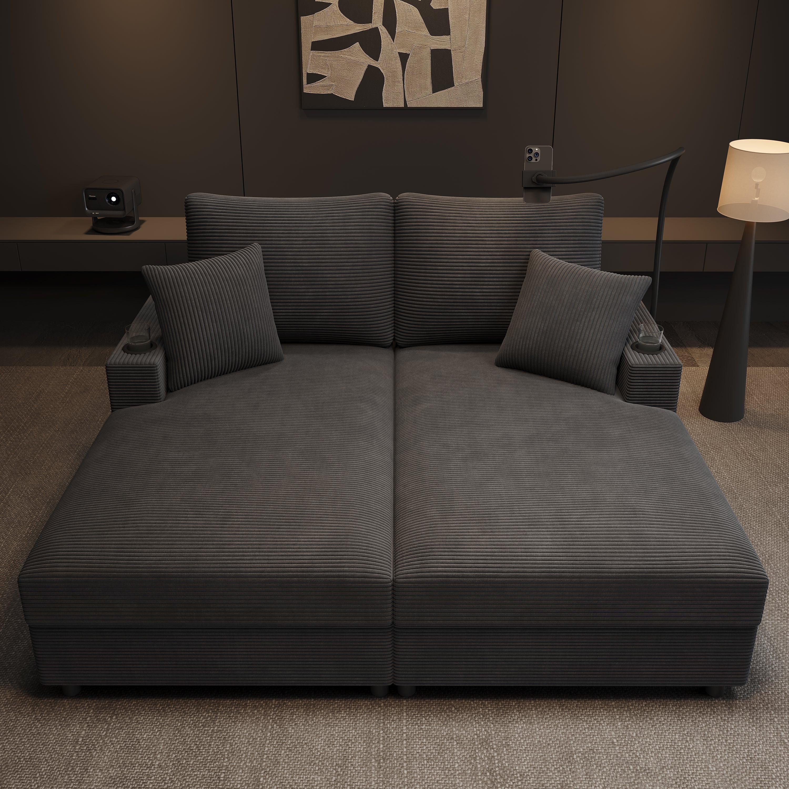 Double Sofa Bed with Mobile Holder, USB Port, and Cup Holder, Gray