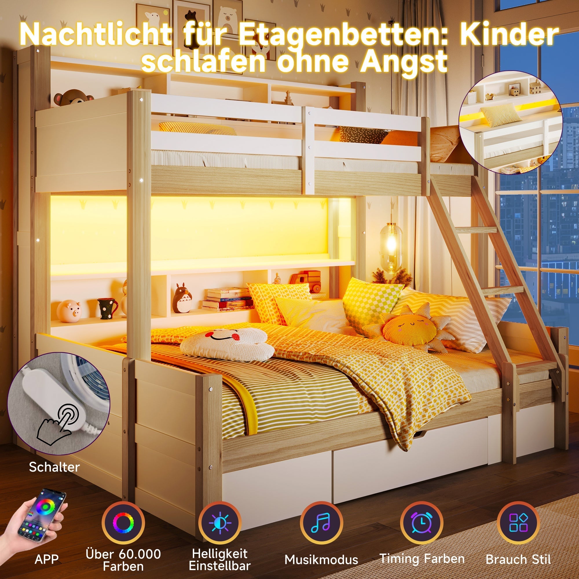 Bunk Bed with Storage Compartments, 1 Drawer and LED Light, 90x200cm + 140x200cm, White and Natural