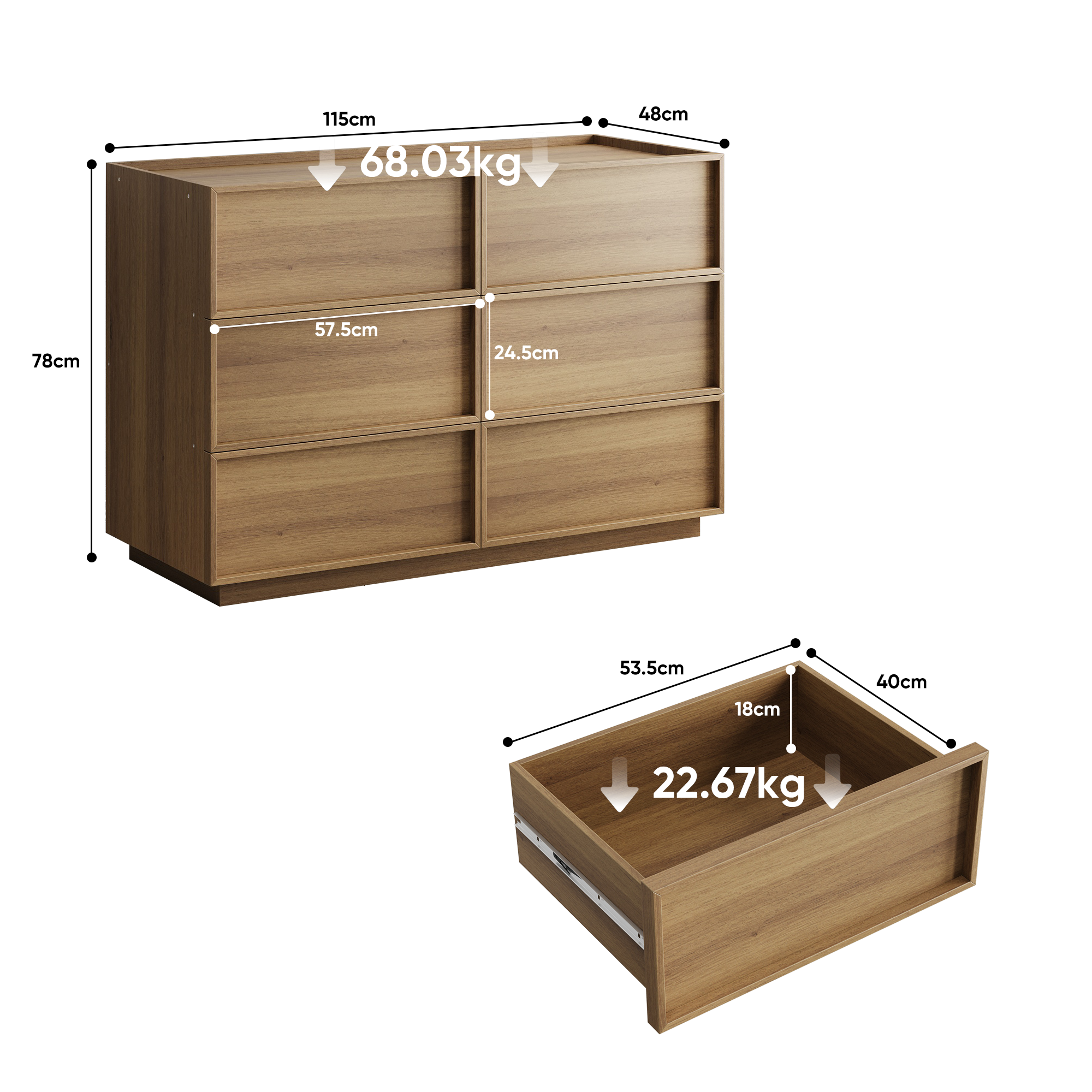 Chest of Drawers with Six Drawers and Modern Storage, 127 x 48 x 80 cm, Oak Color