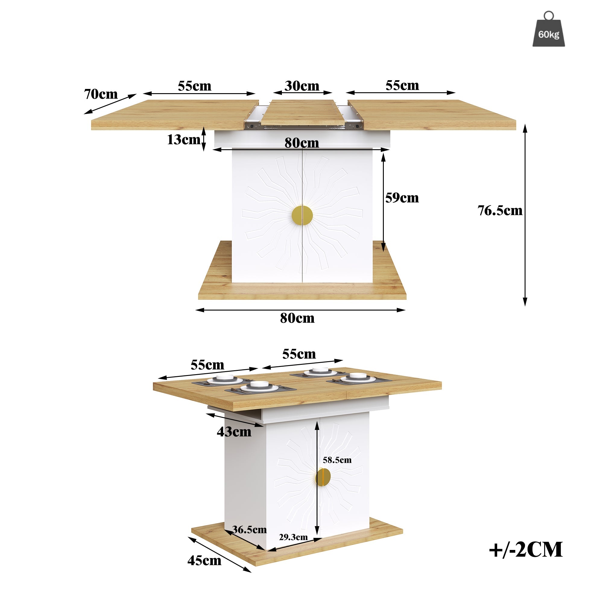 Extendable Dining Table with Storage and Sunburst Relief, Wood Veneer