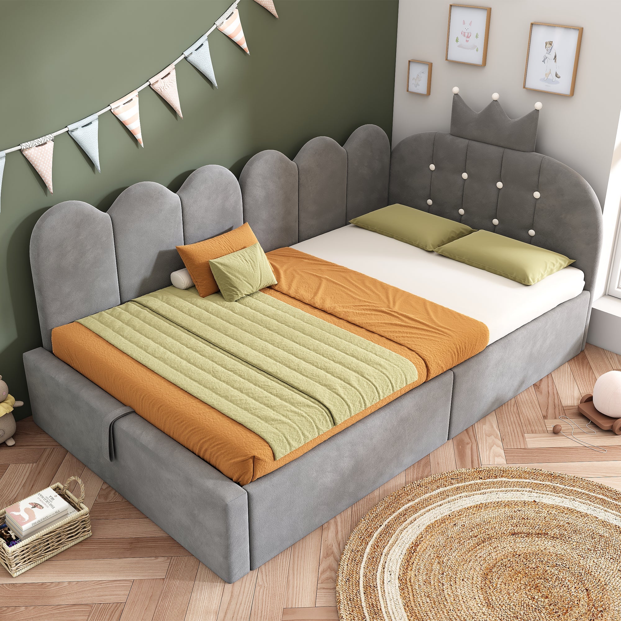 Upholstered Daybed with Hydraulic Storage and Crown-Lattice Design, 90x190cm, Grey Velvet