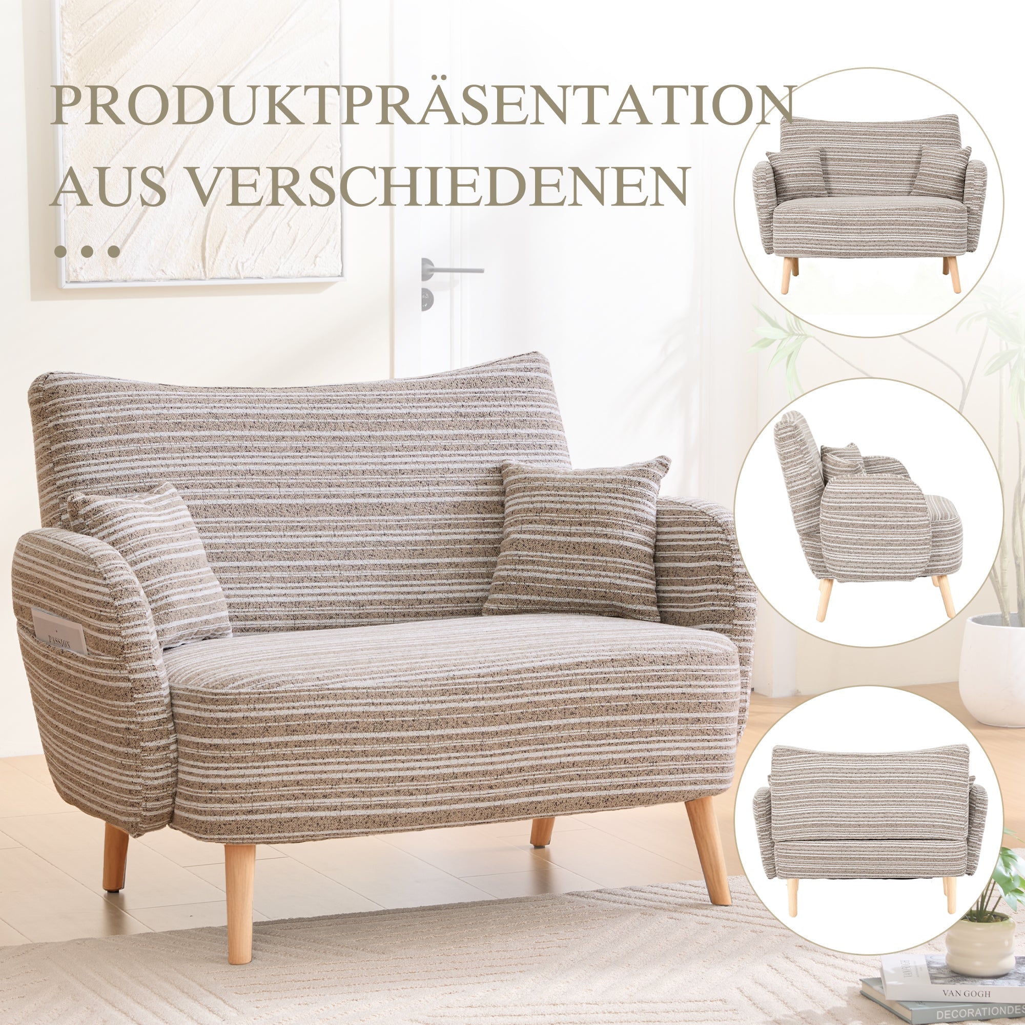 Modern Two-Seater Sofa with Armrest Cushions and Storage Bag, Loop Fabric