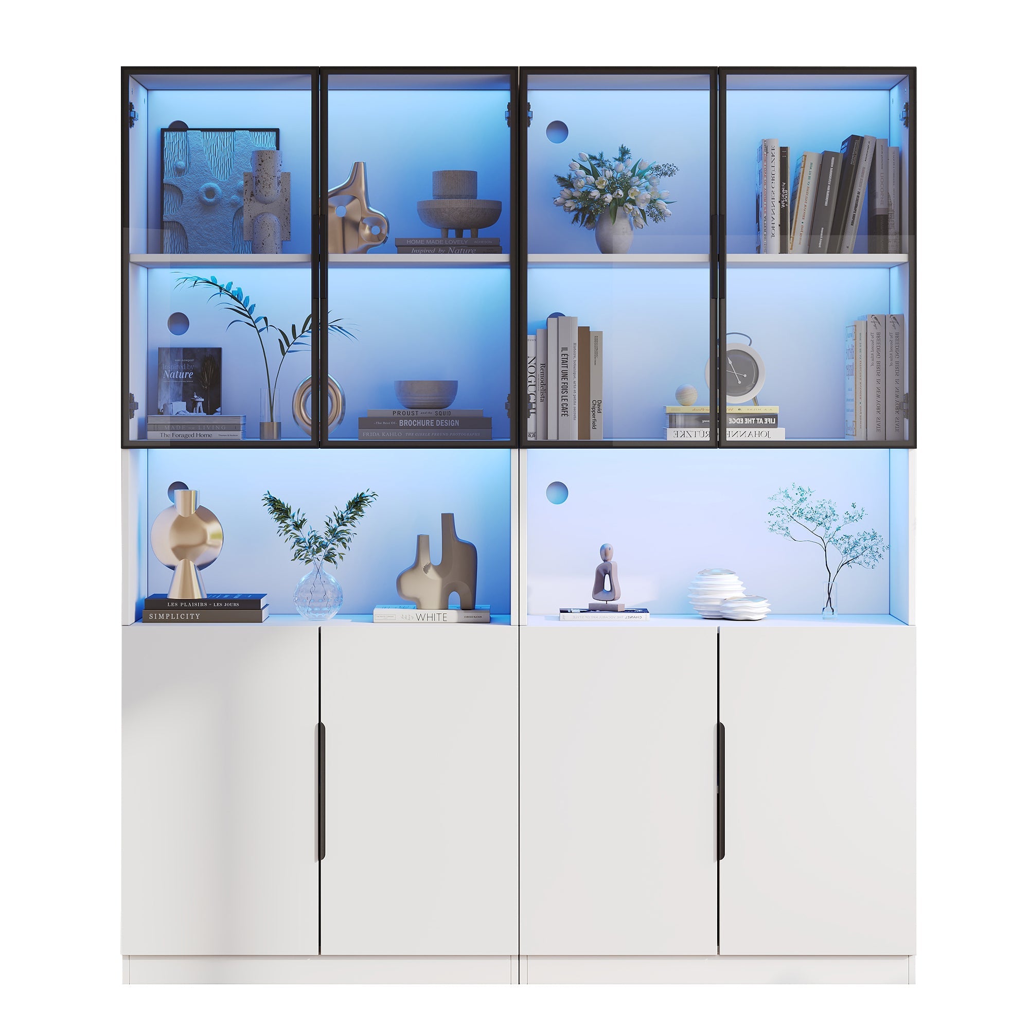 Modern Minimalist Display Cabinet, Glass Doors LED Lights Bookshelf for Collectibles, White