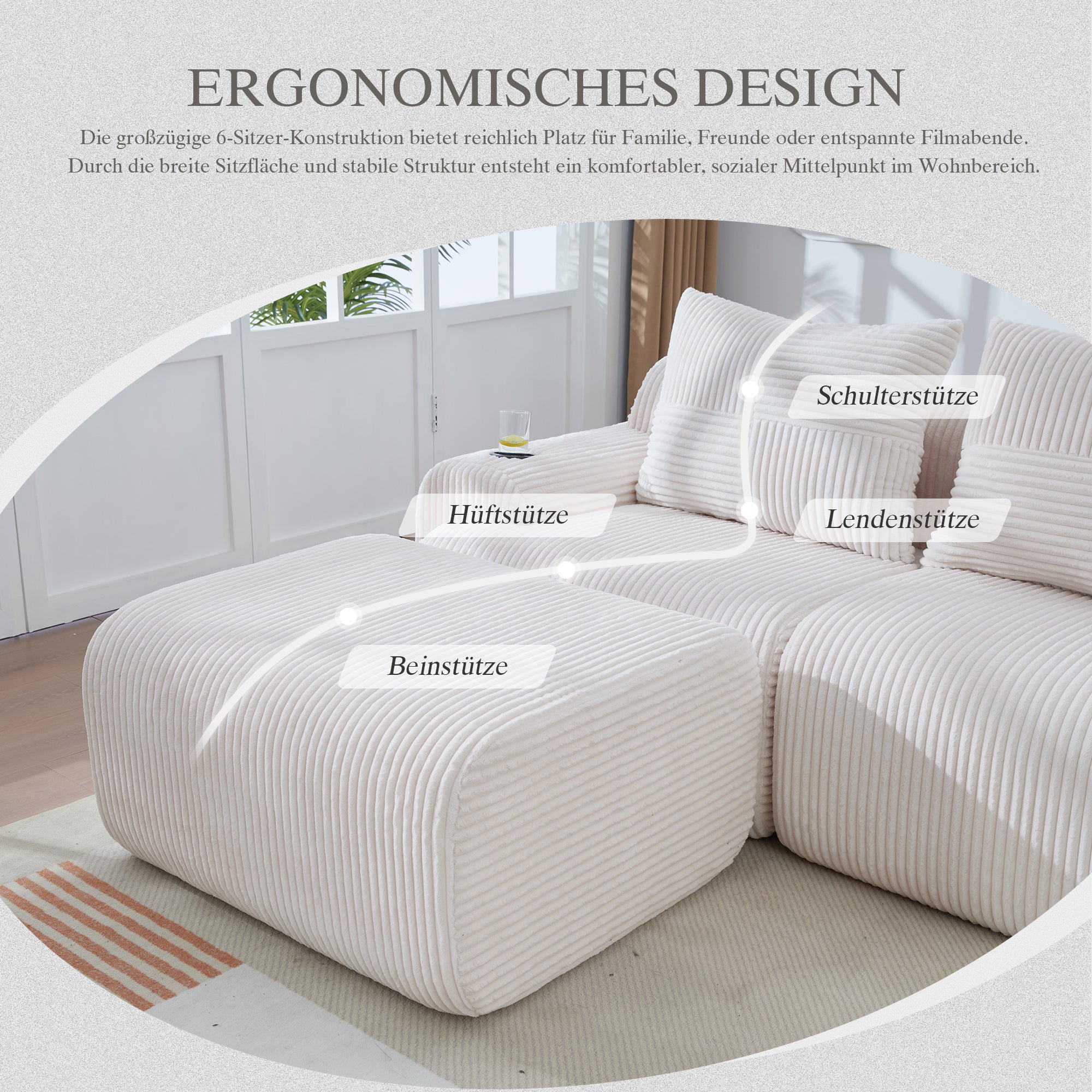 Modular Corduroy Sofa, 4-Seater with 2 Ottomans, Cup Holders and Storage, Beige