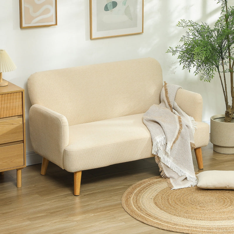 Velvet Feel 2 Seater Sofa, Small Loveseat with Wood Legs, Cream White Fabric