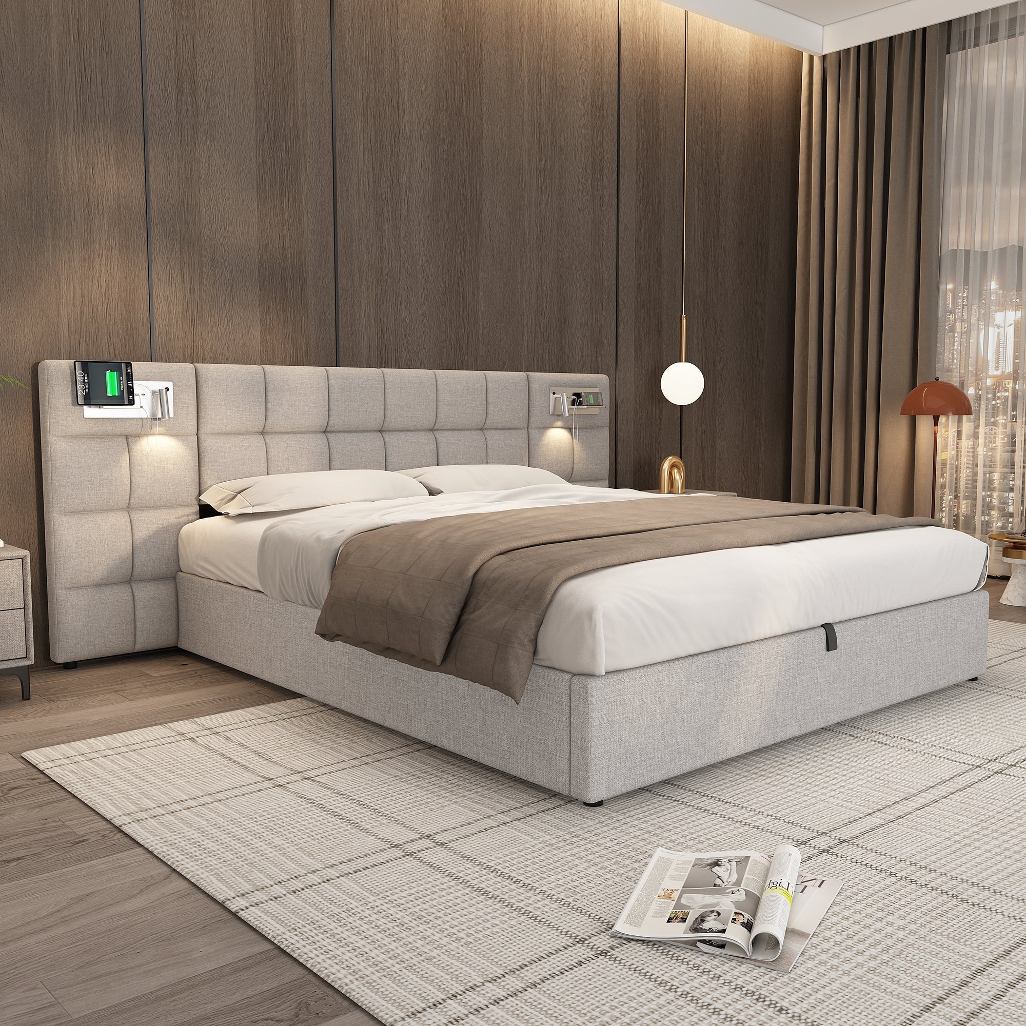 Upholstered Bed 180x200cm Hydraulic Storage USB Wireless Charging Lamp - Linen Grey