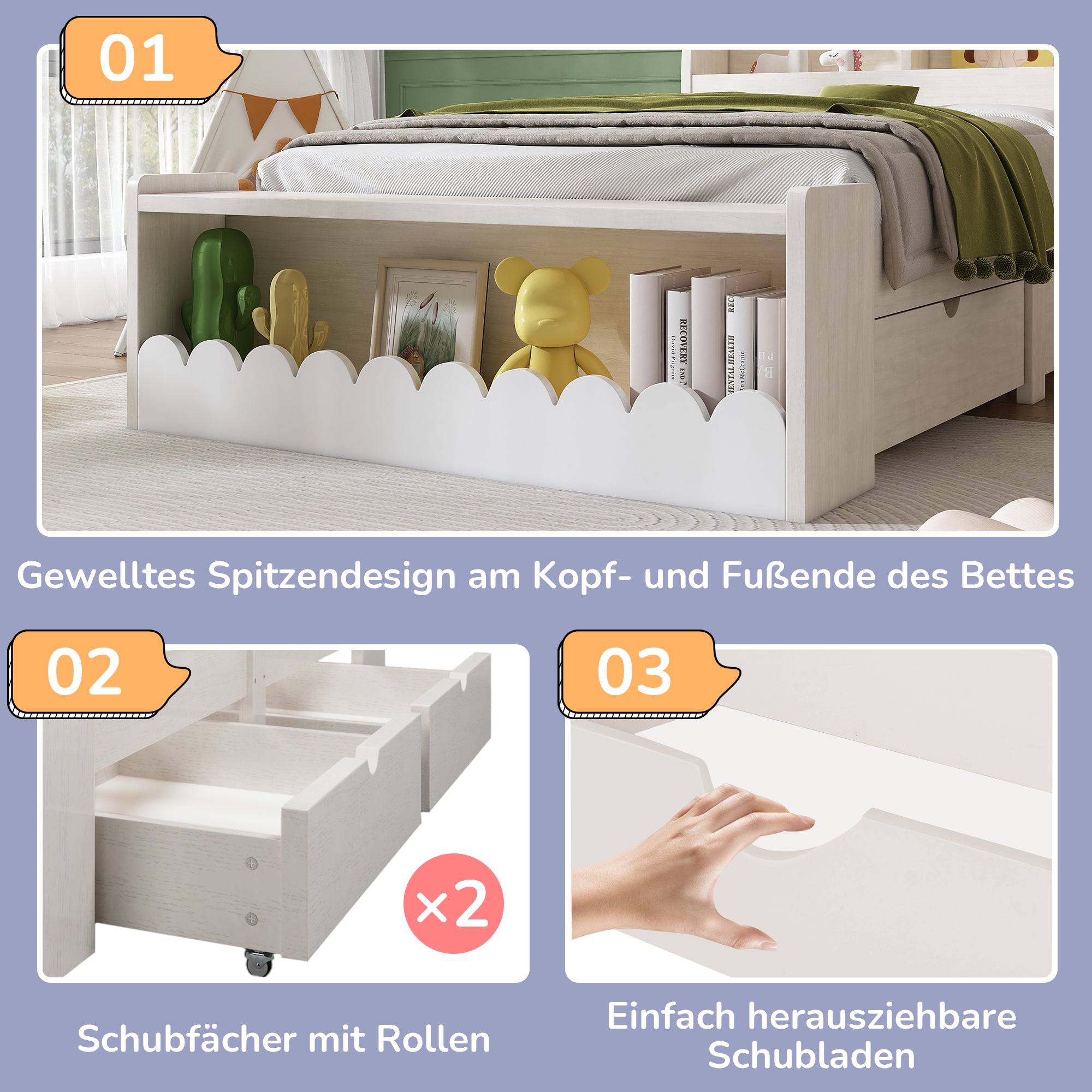 Children's Bed Storage with Drawers Shelf Bench 90x190cm Wood White Oak Finish