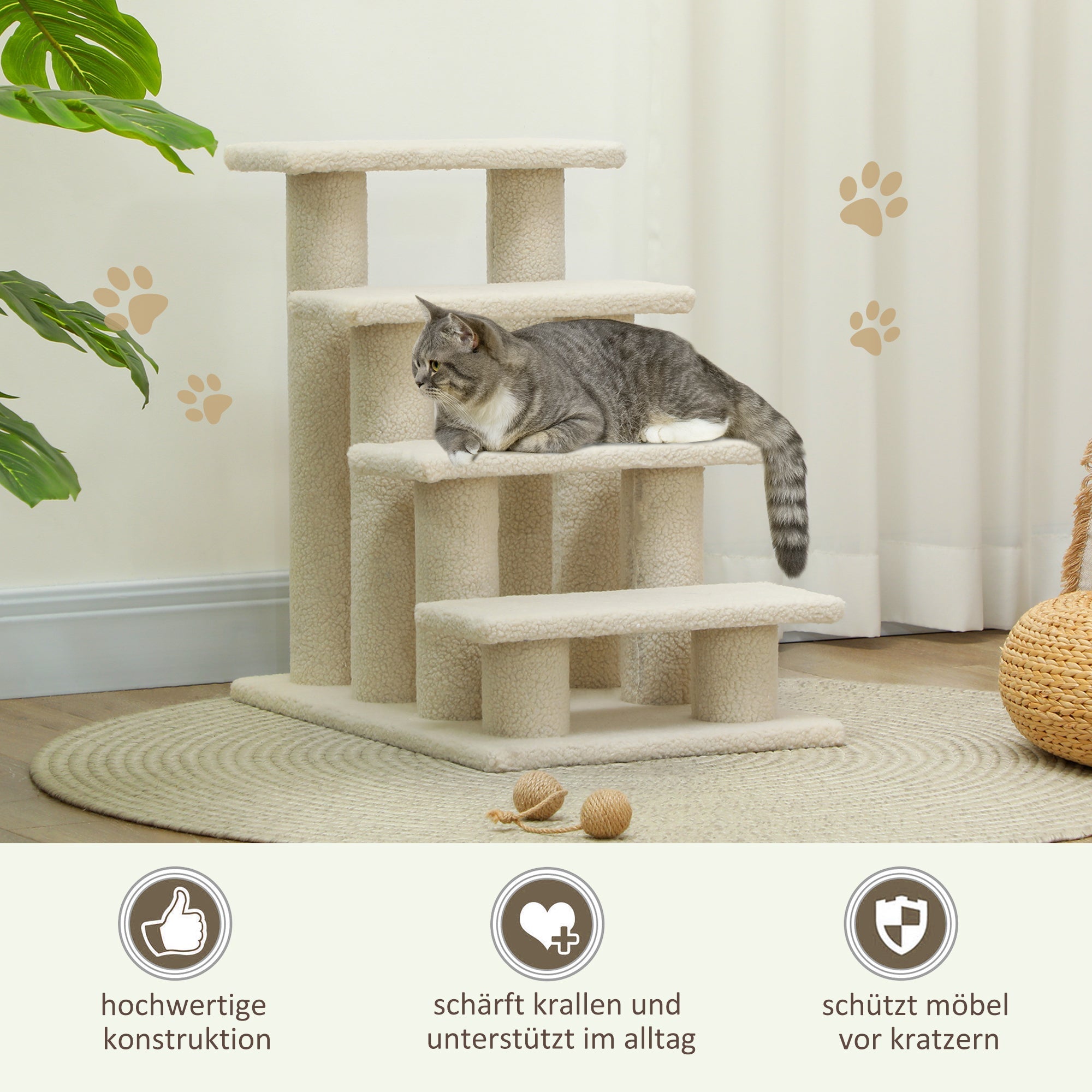 Haustiertreppe, 4 Stufen, ideal für ältere Tiere, Plüsch Beige