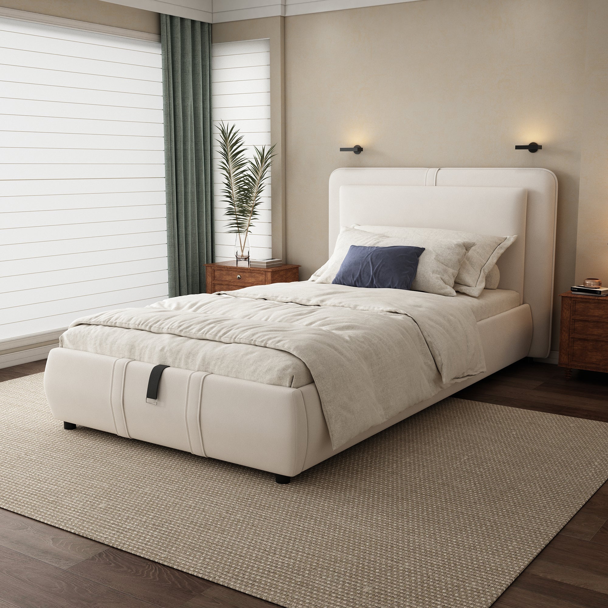 3ft Single Upholstered Storage Bed with Hydraulic Lift – Beige Velvet, 90×190cm