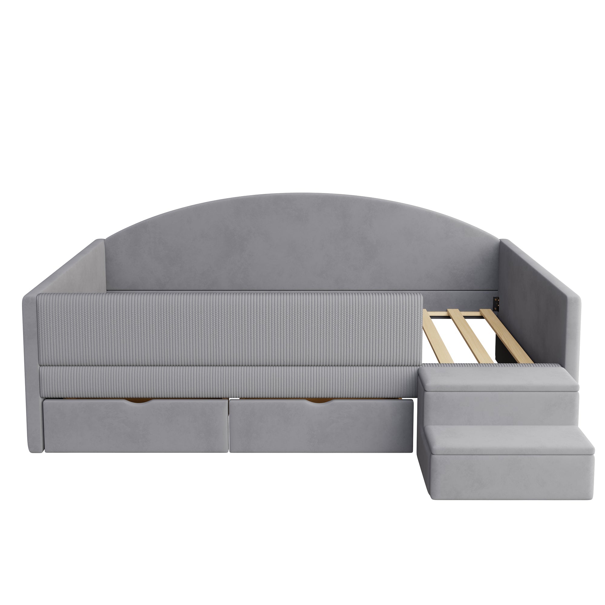 Multifunctional Upholstered Sofa Bed with Two Drawers, Railings and Steps, 90x190cm, Light Grey Velvet