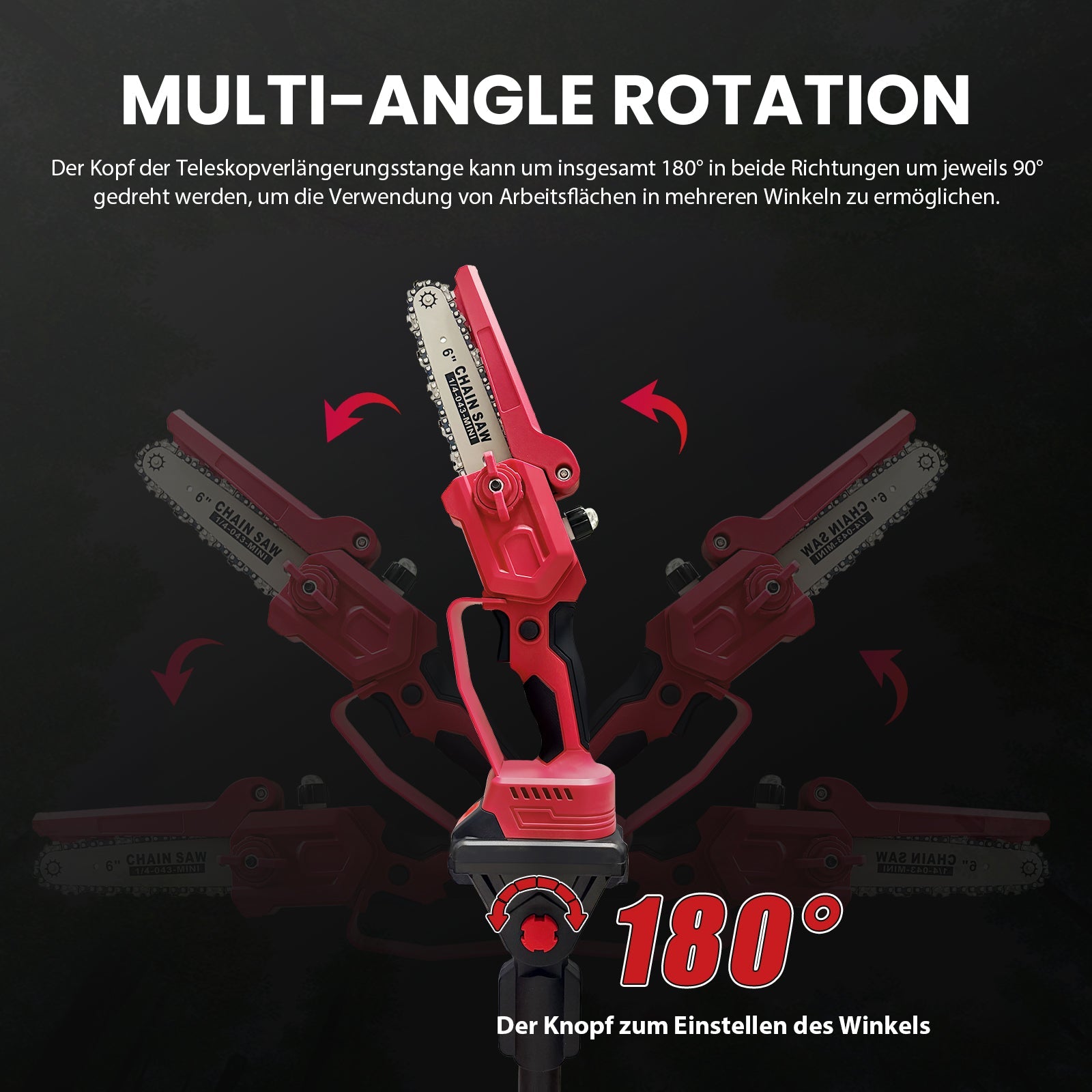 300W Cordless Pole Saw, Brushless Motor, 180° Head, Aluminum