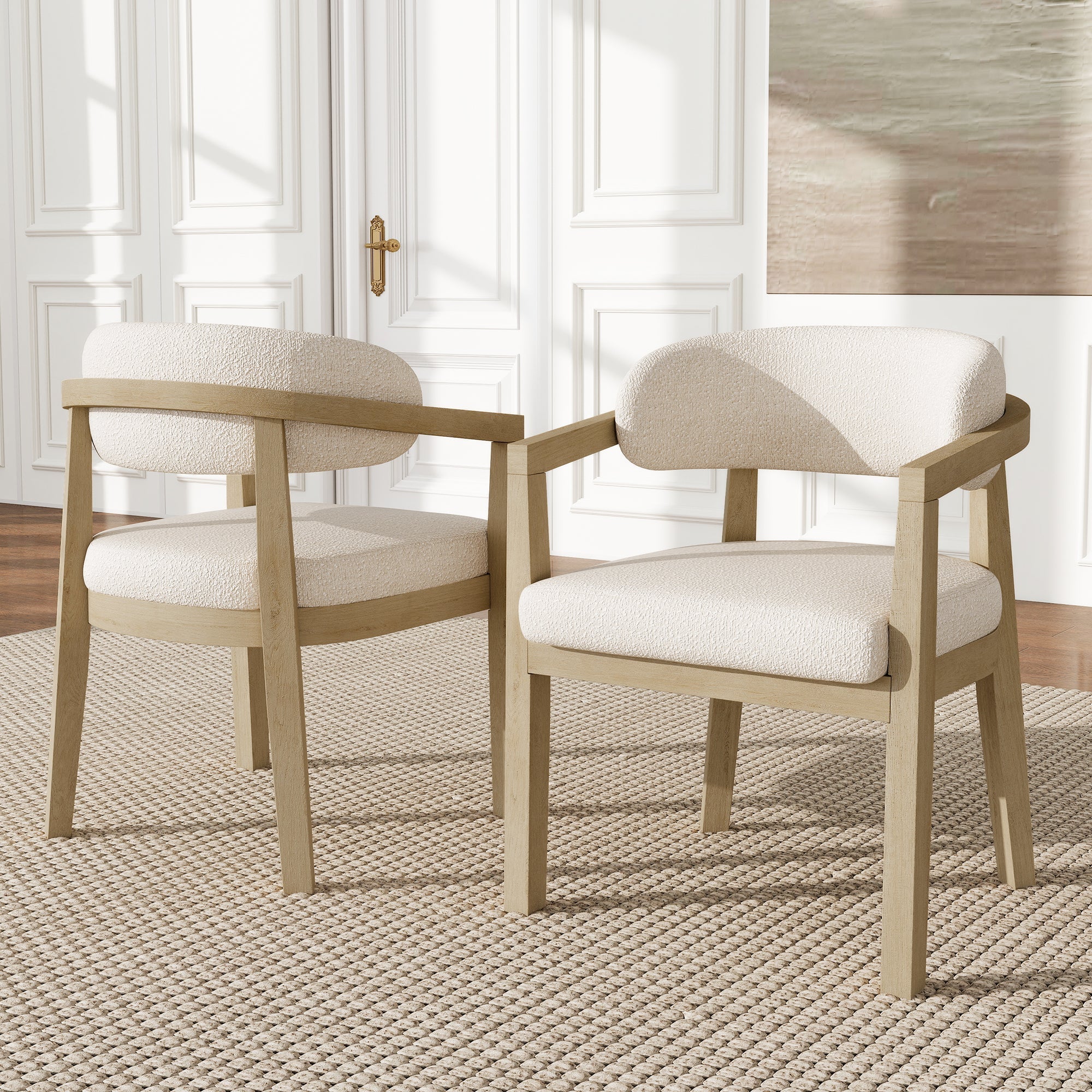 Solid Wood Dining Chairs Set of 6, Modern Style for Living Room and Cafe, Natural Bouclé