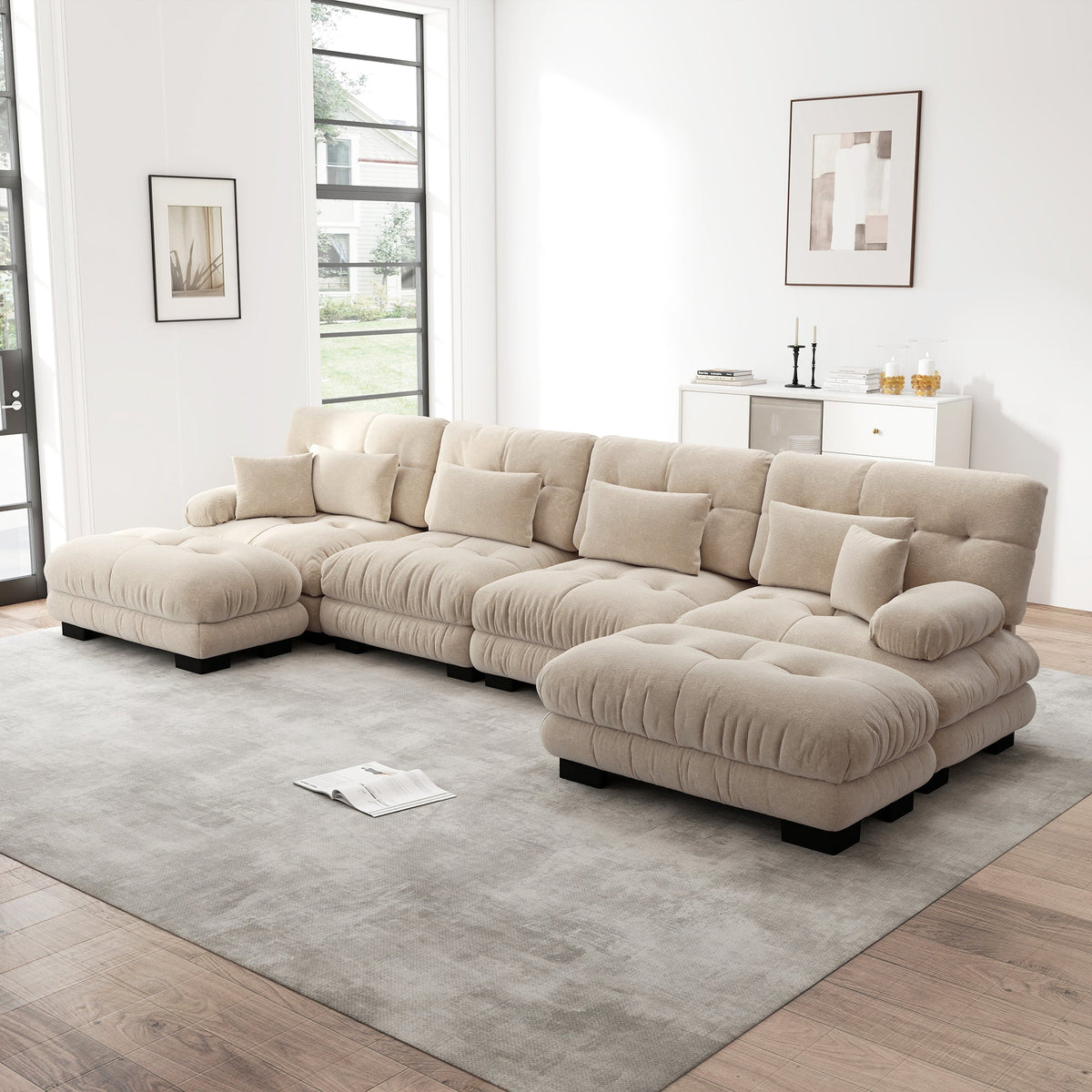 Modular Corner Sofa, U-Shaped 4-Seater with Movable Ottoman, DIY Combination, Chenille Light Brown