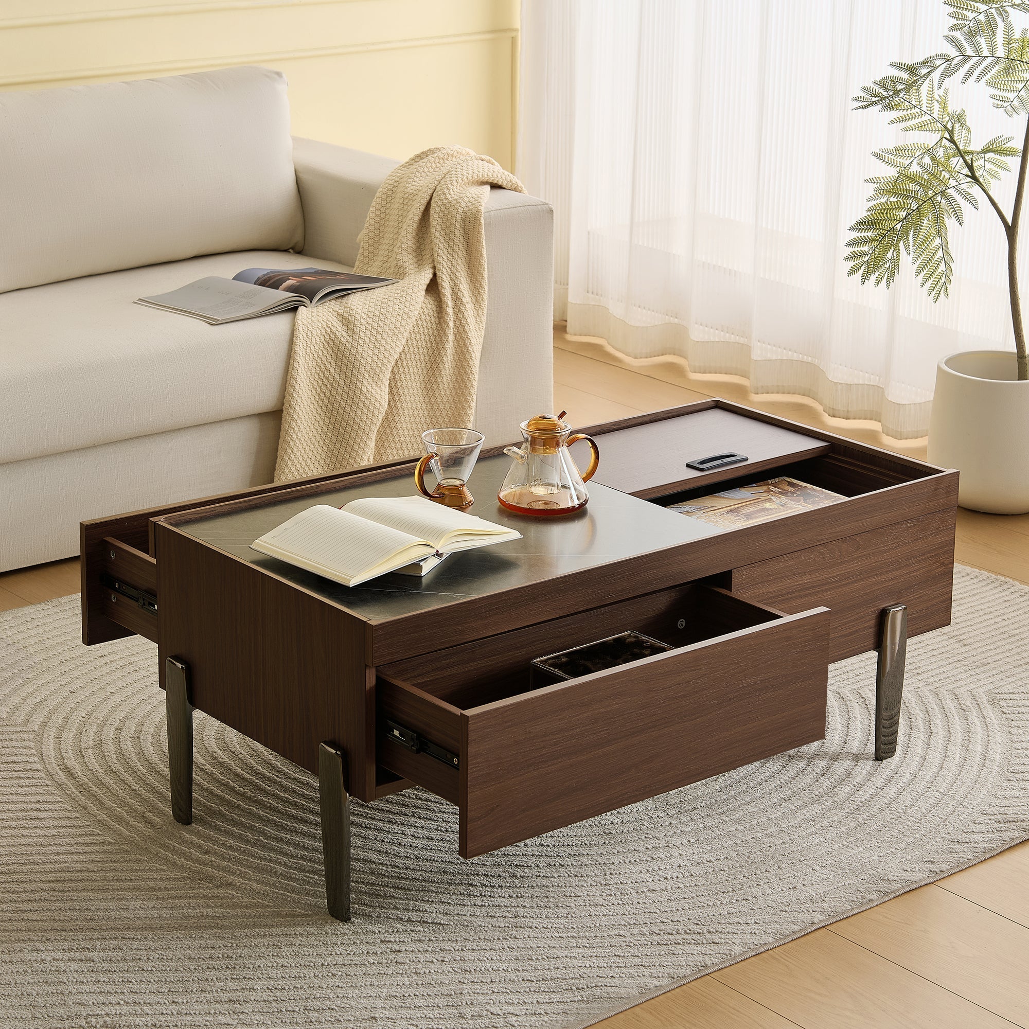 Moderner Couchtisch mit Schubladen, Glasplatte und Stauraum, dunkelbraunes Holz & Marmor-Optik