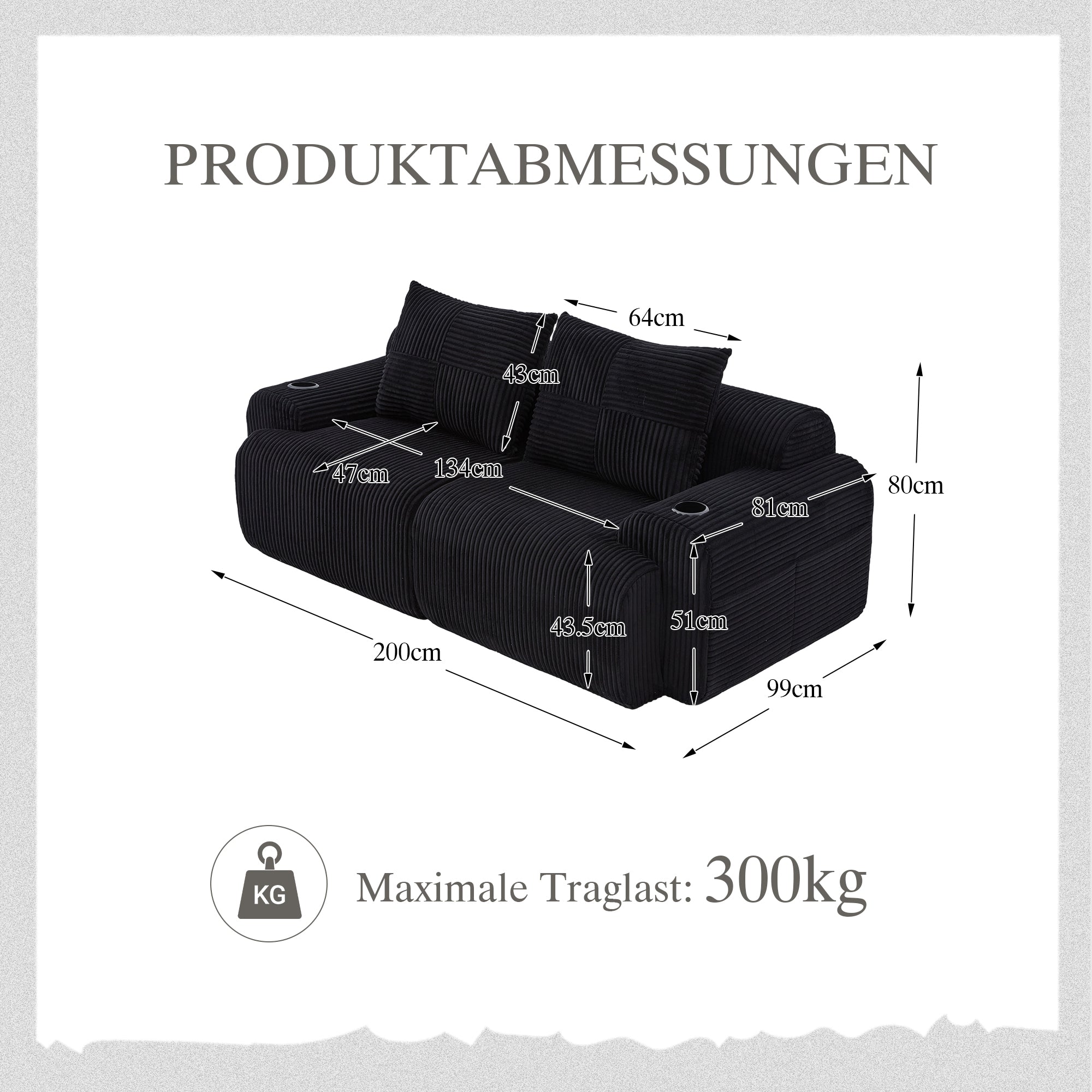 Modular Corduroy Sofa for 2 People, Combinable with Cup Holder and Storage Pocket, Black