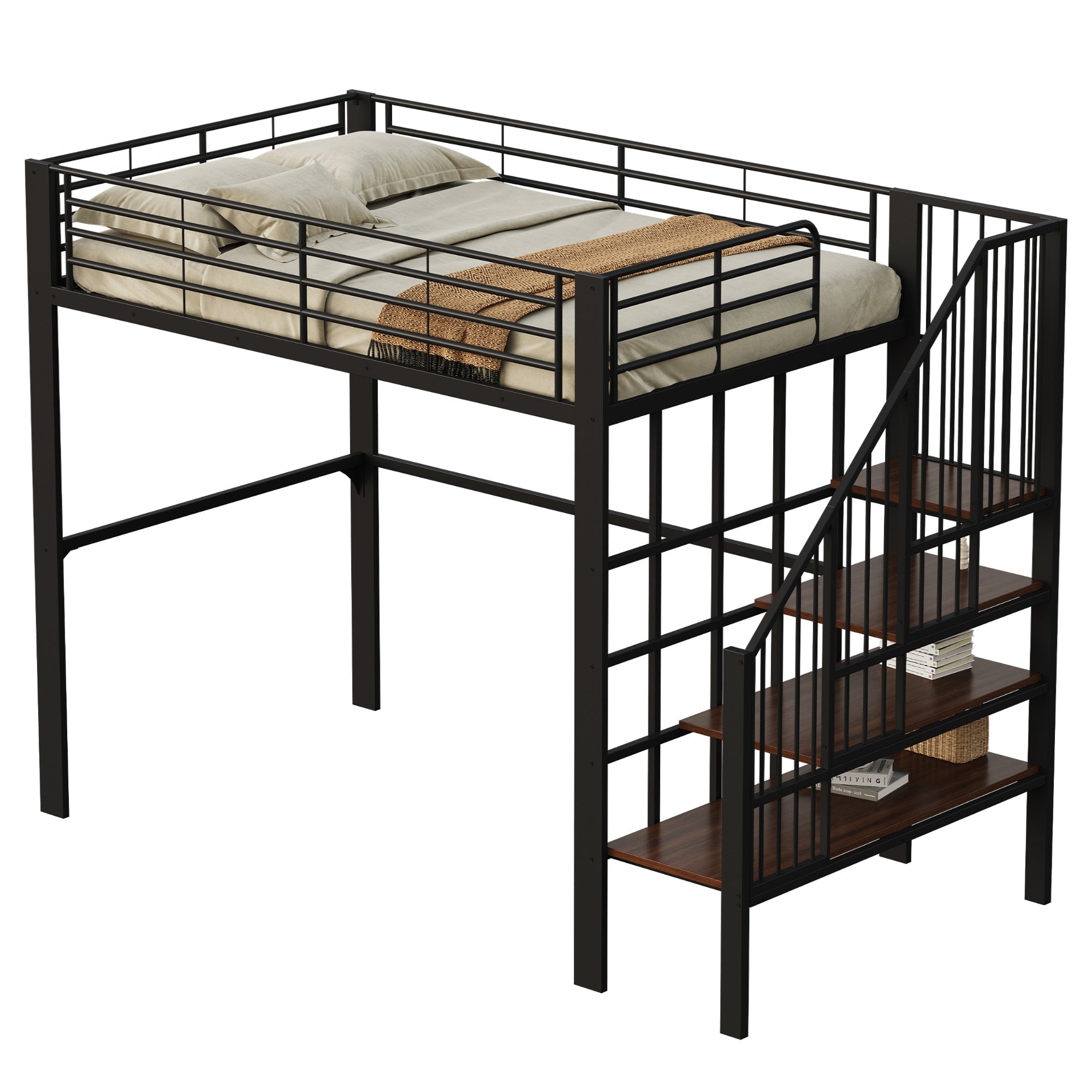 Loft Bed 140x200 Sturdy Storage Stairs, Metal