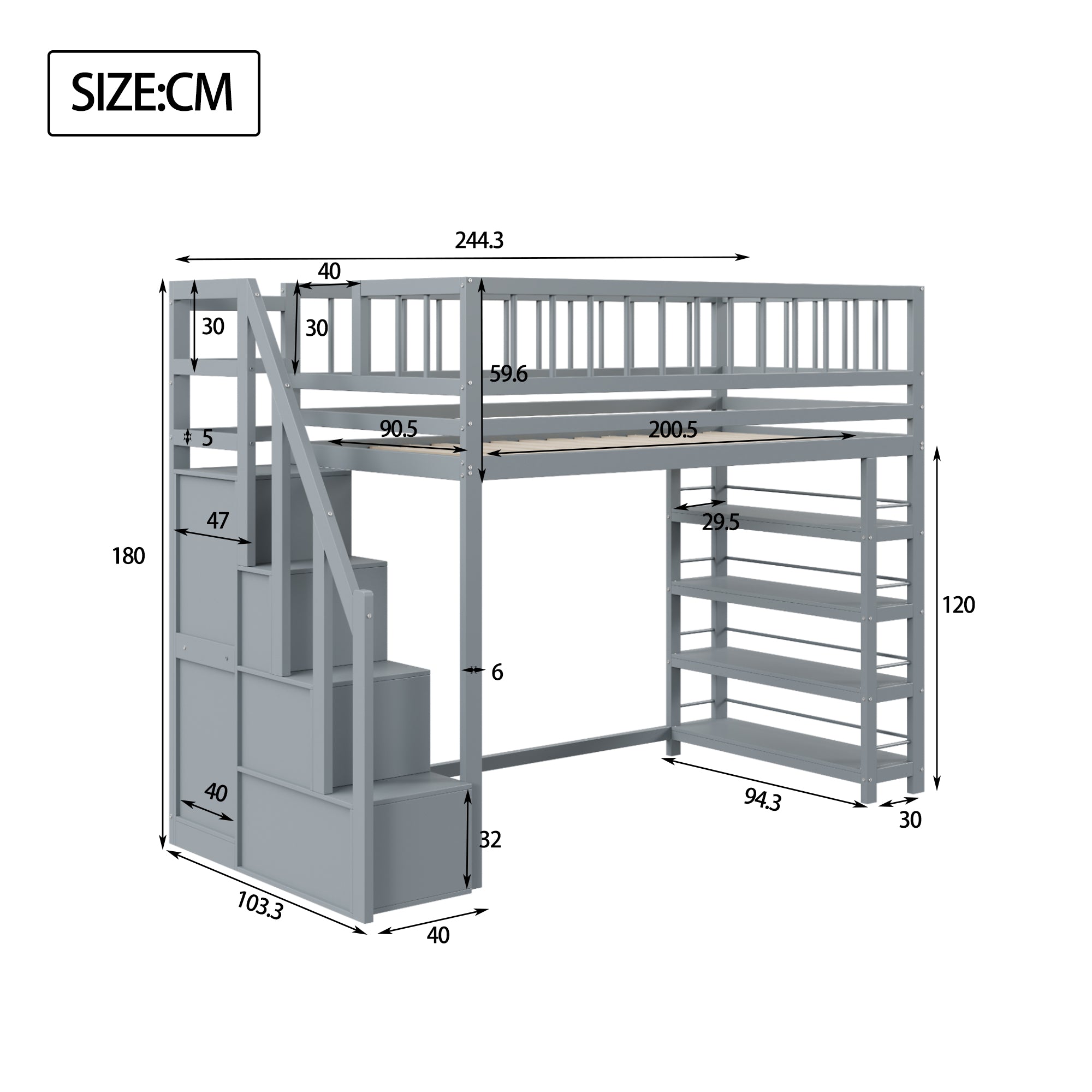 Loft Bed, 90 x 200, Wardrobe, Shelves, Storage, Safety Ladder, Solid Wood, Grey