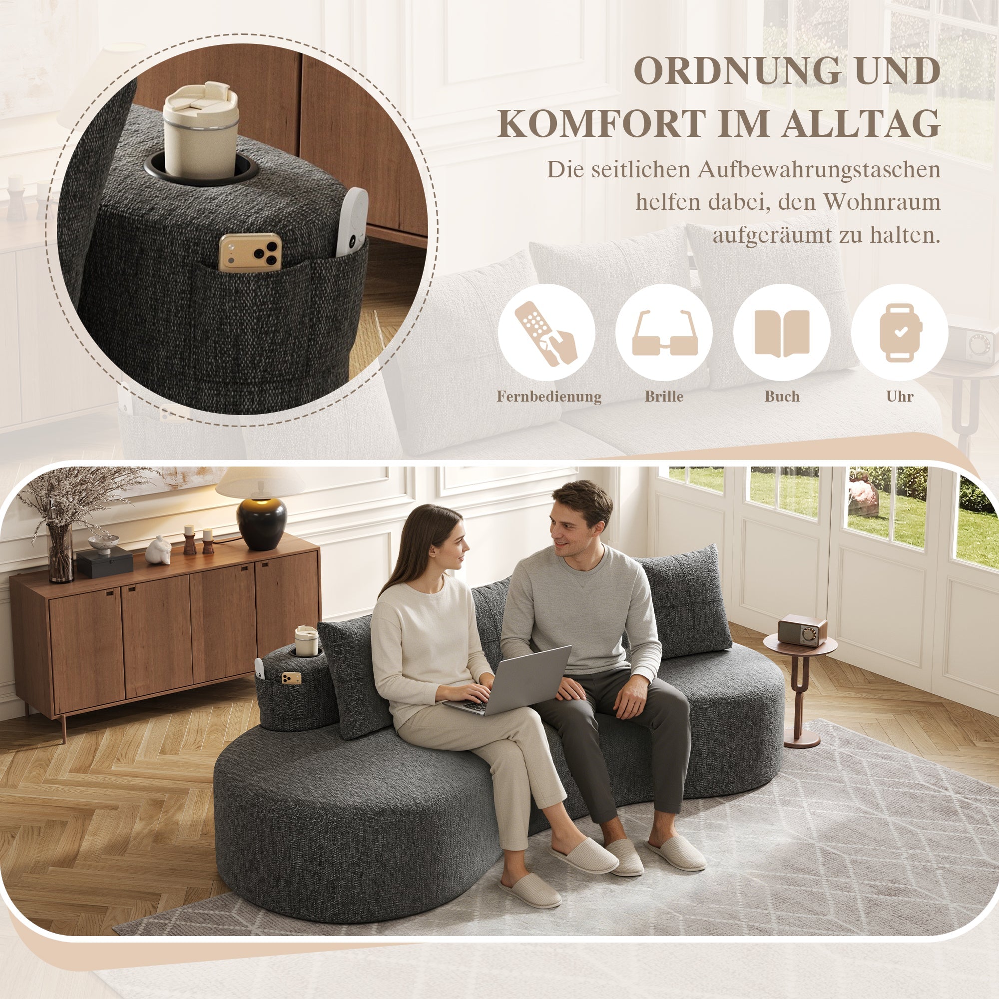 Linen Sofa with 4 Cushions, Cup Holder and Side Pocket, Dark Grey