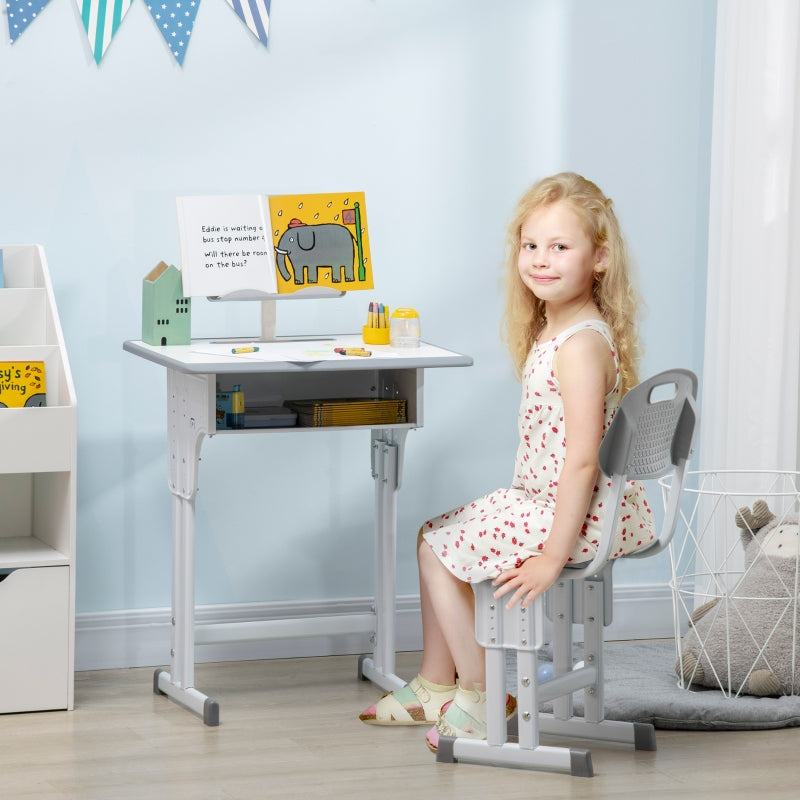 Kids Desk and Chair Set Adjustable with Book Stand, Pen Slot - Grey