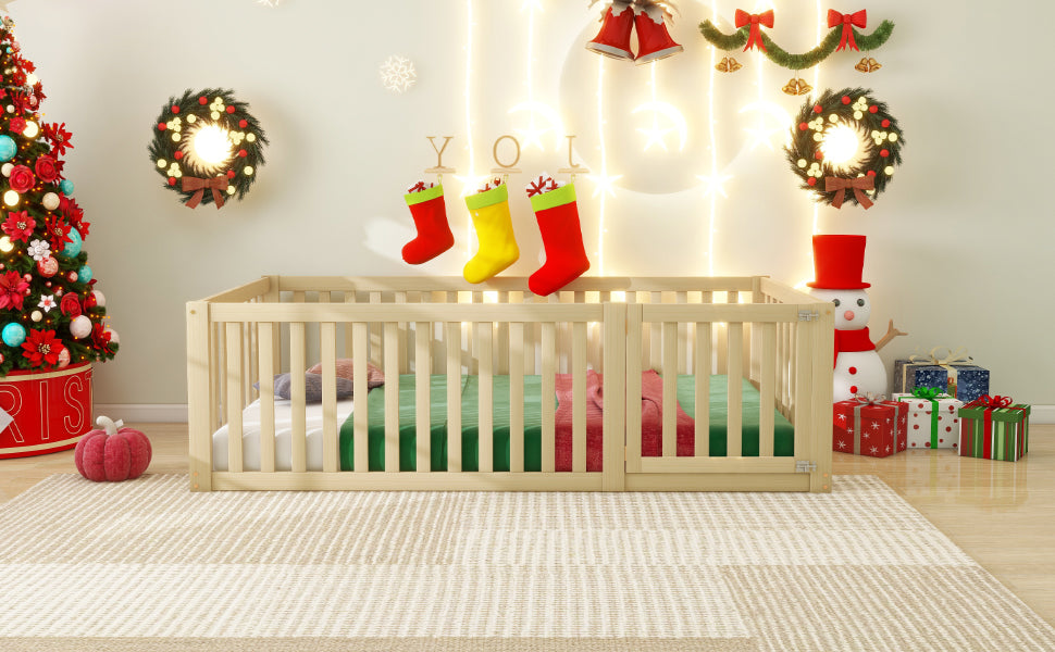 Children's bed 90 x 200, floor bed frame with fence and door, wood