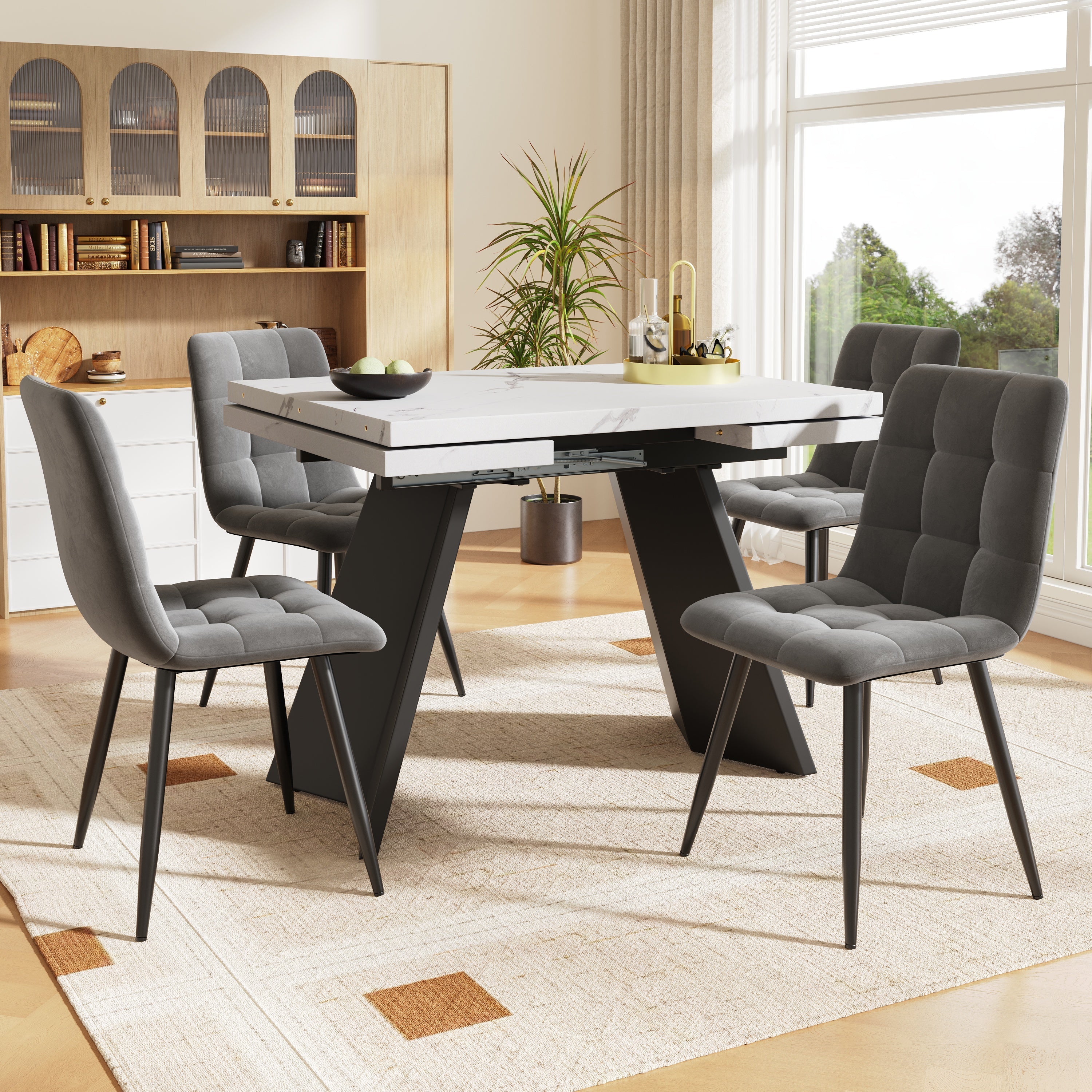 5-Piece Dining Set Extendable Table 160x80cm with 4 Grey Velvet Chairs White