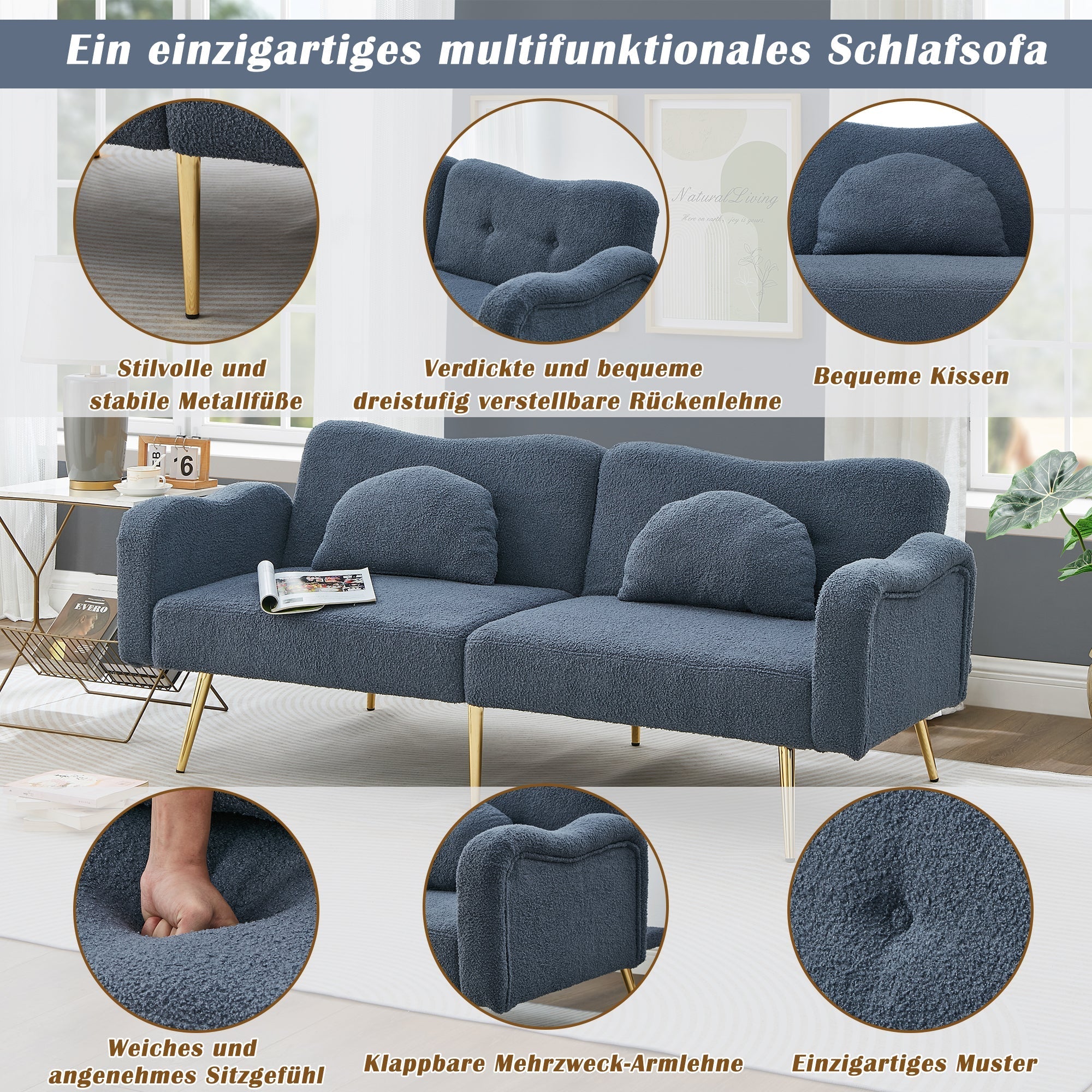 Sofa Bed, 2-Seater with Adjustable Backrest, Gold-Plated Metal Feet