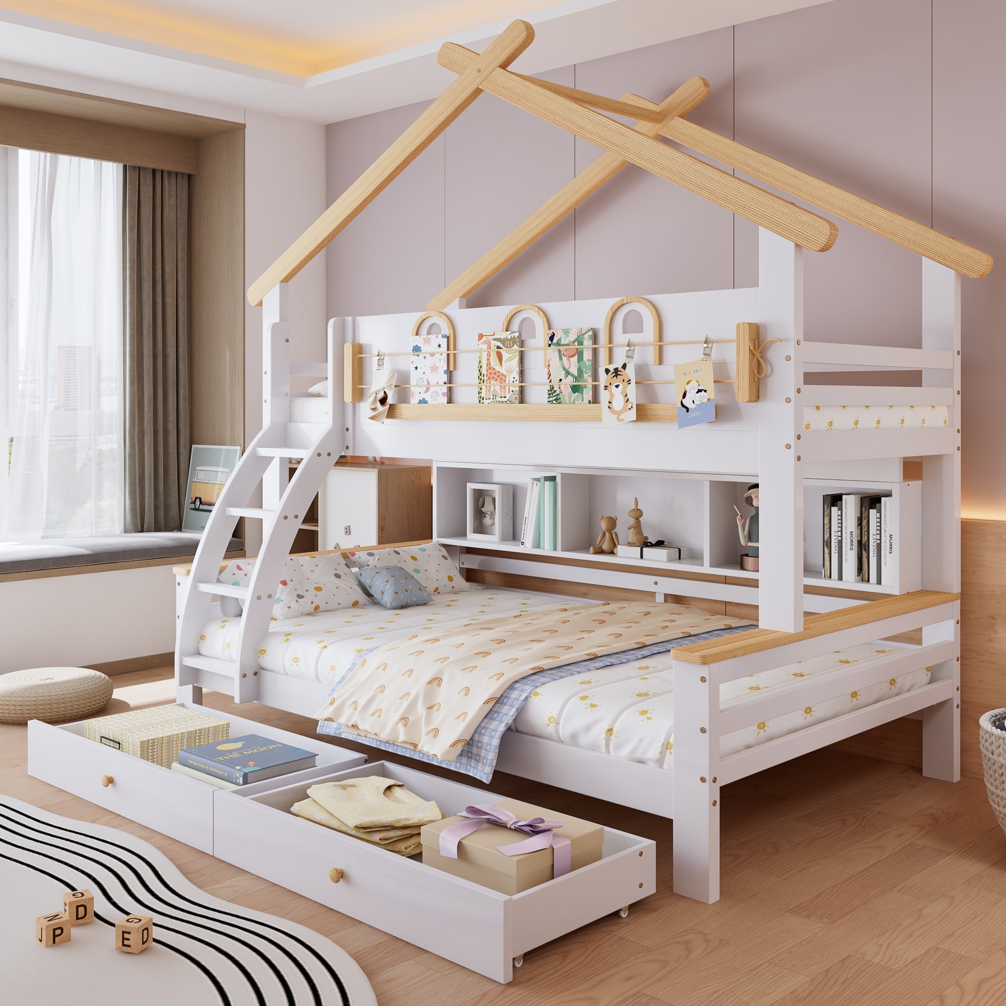 Bunk Bed Children's, Drawers Roof Slanted Staircase 90x200cm & 120x200cm, Pine + MDF White + Natural