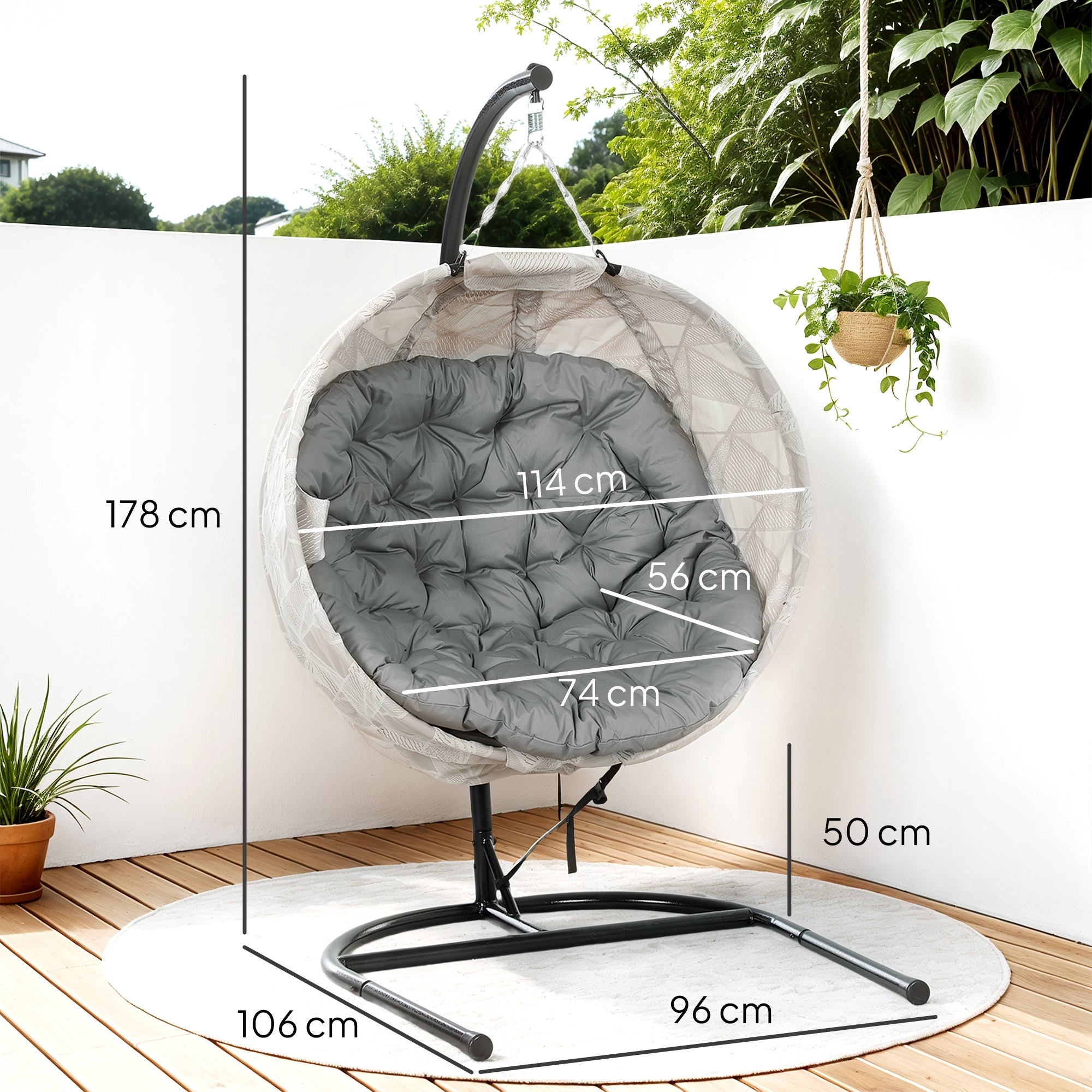 Hanging Egg Chair with Stand, Folding Basket & Cup Holder, Grey